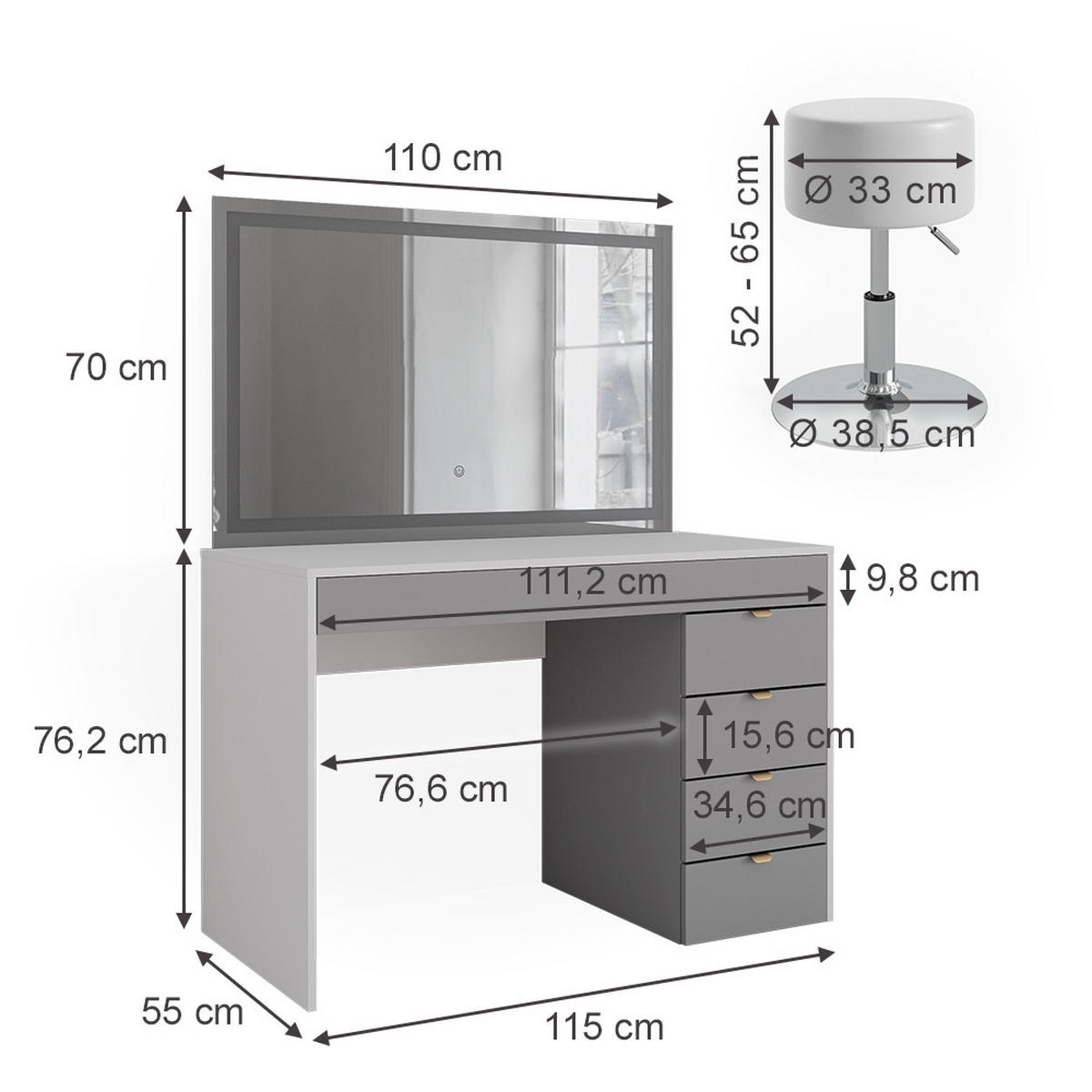 SCHMINKTISCH Elise Weiß/Grau/Grau 115 cm mit LED-Spiegel & Hocker - Weiß/Grau, Holzwerkstoff (115/76/55cm) - Vicco