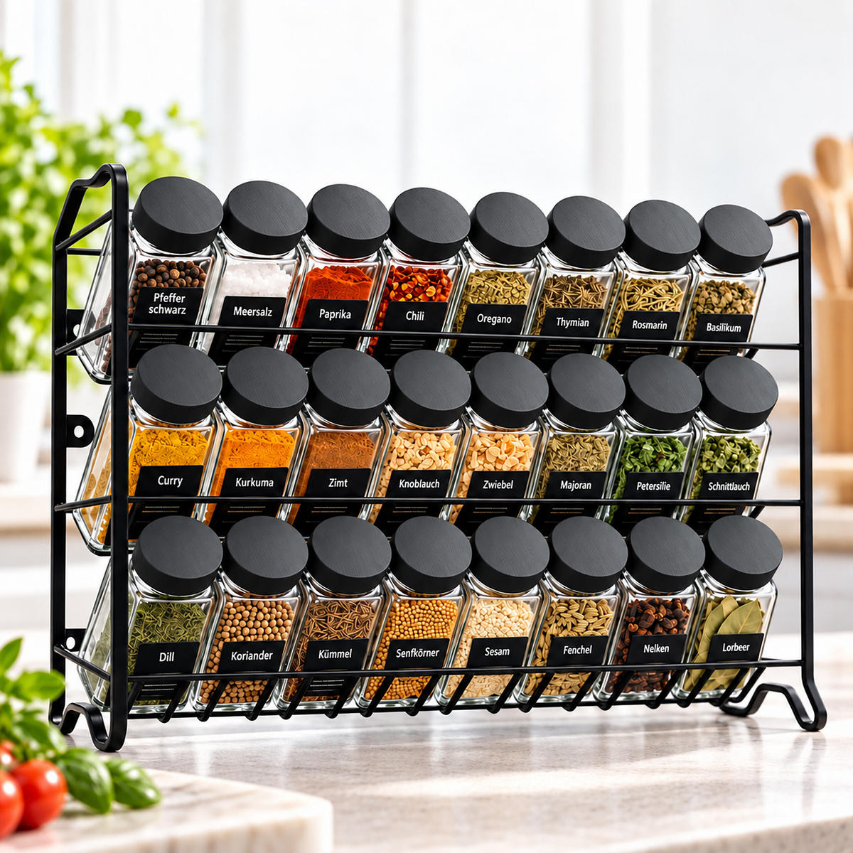 KRYDDHYLLA Svart metall 24-pack kryddburkar - Svart, Glas/Plast (25/37/12cm) - Relaxdays