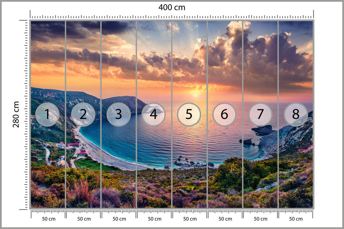 FOTOTAPETE Meer Blumen Sonnenuntergang Landschaft 3D 400x280 - Türkis/Blau, Papier (400/280cm) - Muralo