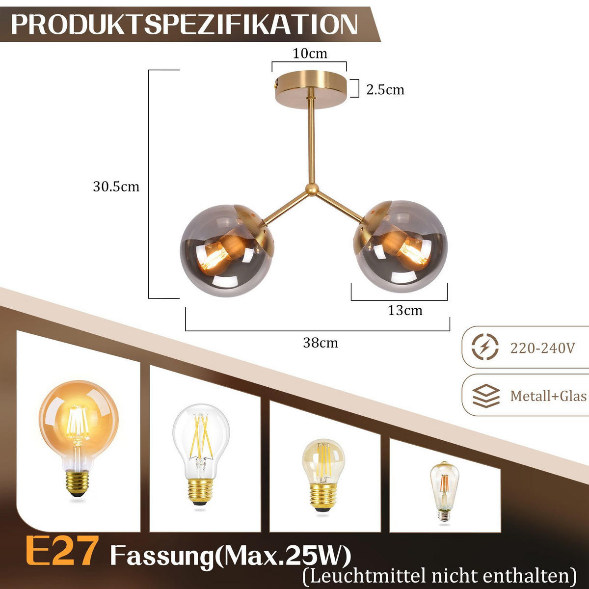 DECKENLEUCHTE Lashley 38/30.5/38cm - Goldfarben, Glas (30.5/38/38cm) - Nettlife