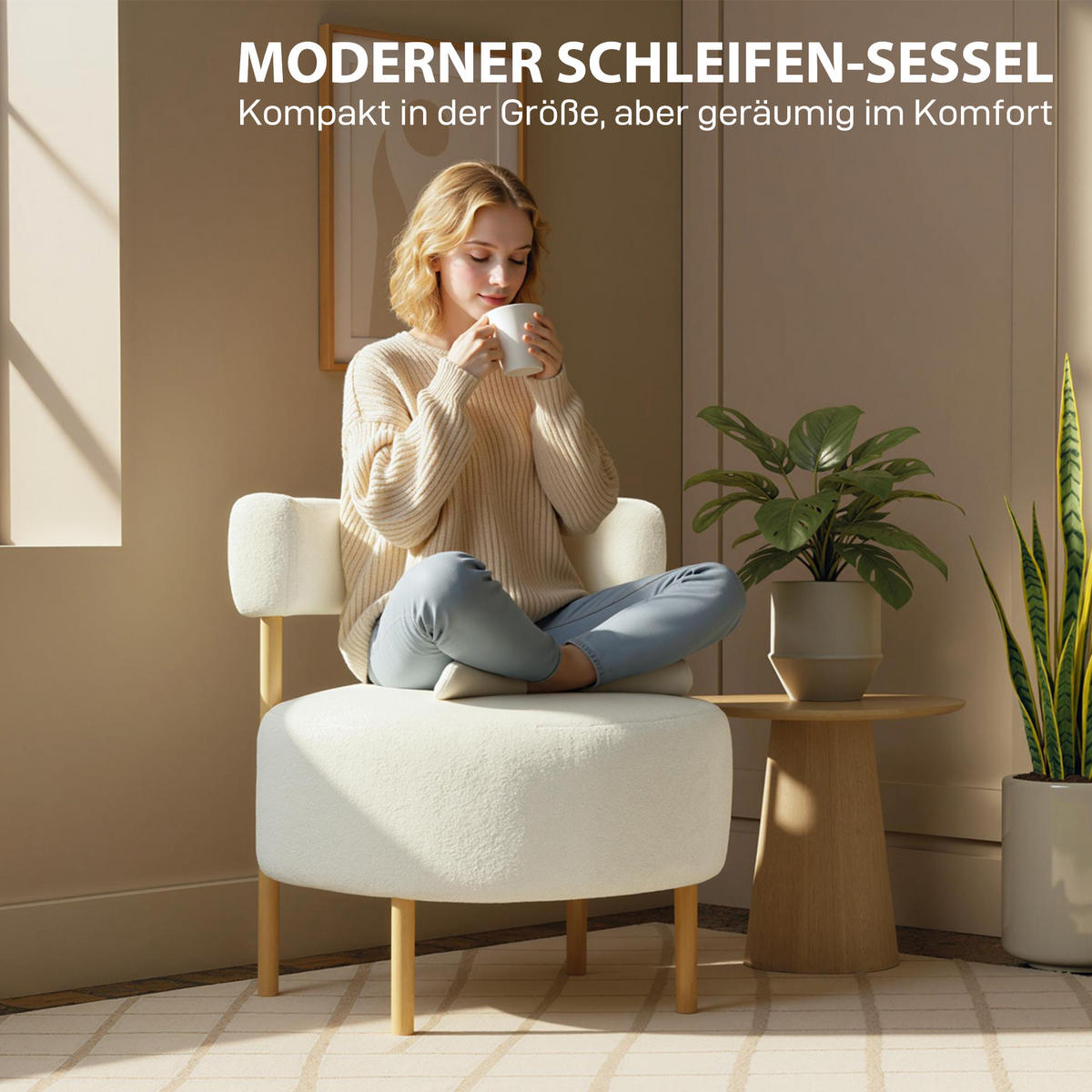 RELAXSESSEL DE-06550 Sherpa-Fleece, Metallbeine in Holzoptik Cremeweiß - Creme, Holz/Textil (67/71/67cm) - ComfortXL