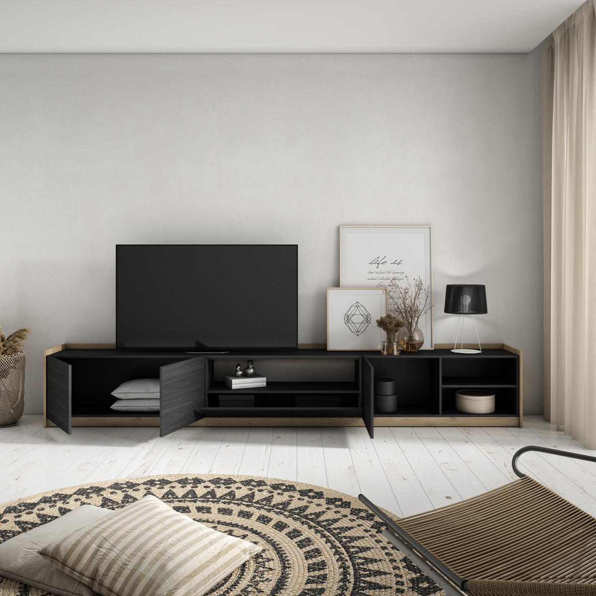 TV-SCHRANK, Lowboard, Schwarz Eiche, 310/37/50cm - Schwarz, Holzwerkstoff (310/50/37cm) - Skraut Home