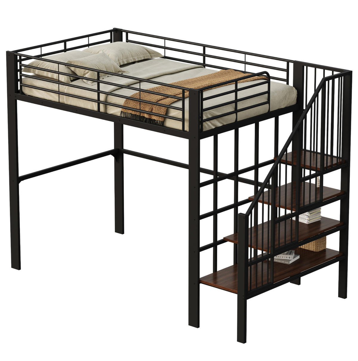 HOCHBETT 140/200 cm aus Metall in Schwarz – mit Treppe und Stauraum - Schwarz, Metall (140/200cm) - BEAOK
