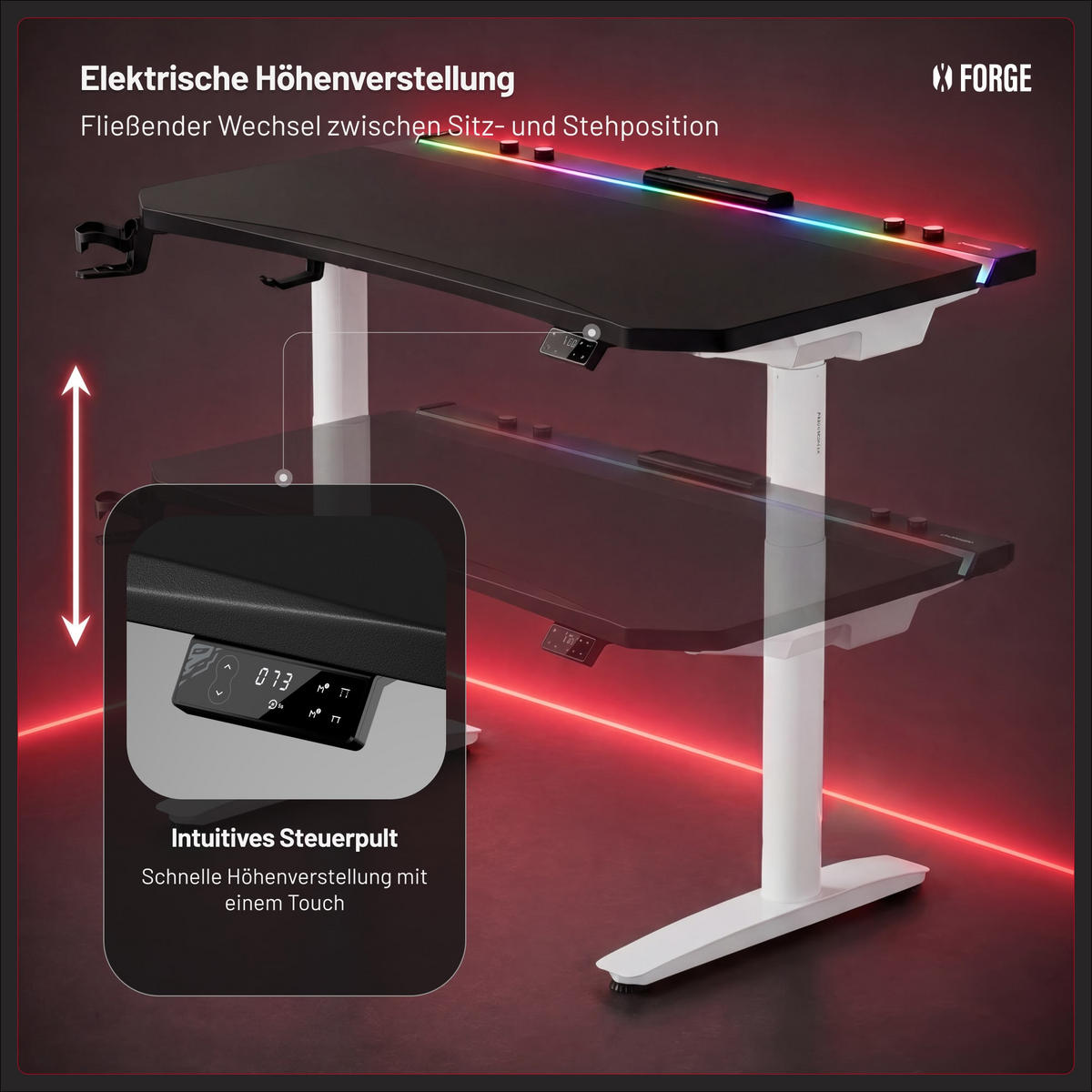 ELEKTRISCH verstellbarer Gaming-Schreibtisch X-Forge 160 x 80 cm - Schwarz/Weiß, Metall (80/160/72cm) - Diablo Chairs