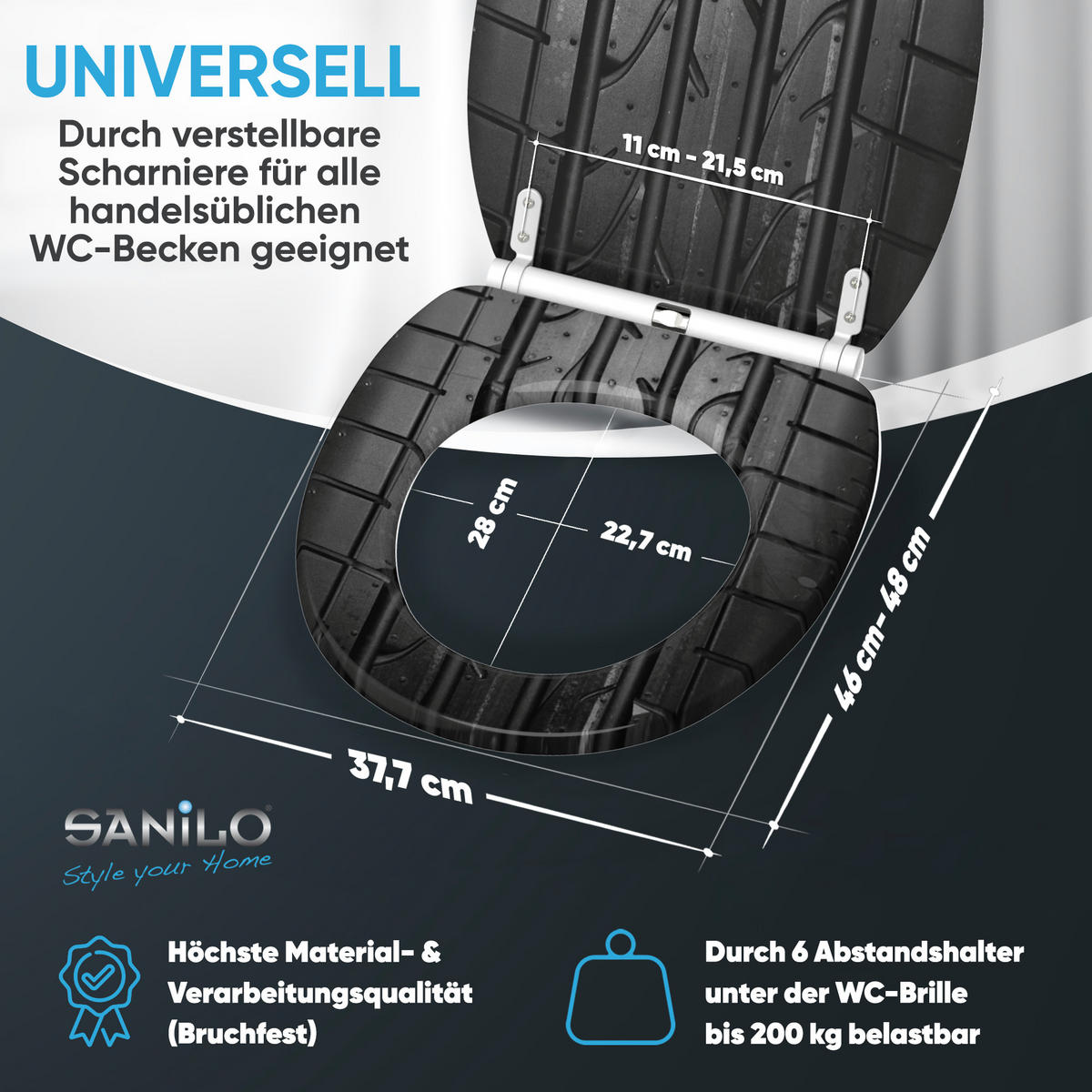 WC-SITZ mit Absenkautomatik & Top Fix Tyre - Grau, Holzwerkstoff (37.7/5.5/48cm) - Sanilo