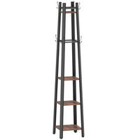 GARDEROBENSTÄNDER, Kleiderständer mit 4 Ablagen und 8 Haken im Industrie-Stil - Schwarz/Braun, Holzwerkstoff/Metall (34.8/179/34.8cm) - HOMCOM