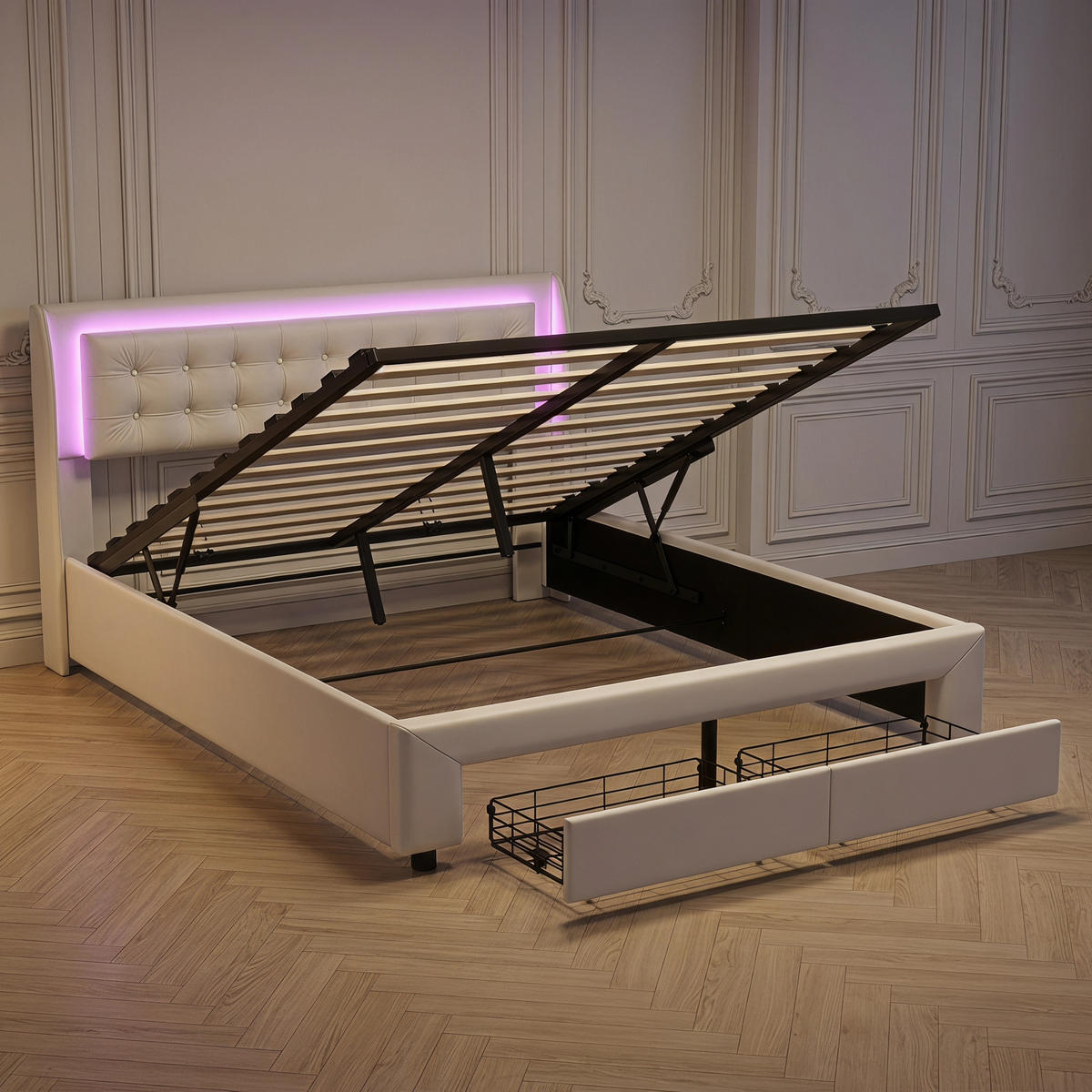 POLSTERBETT mit Stauraum, 140 x 190 cm, mit LED-Beleuchtung, 2 Schubladen, Samt/Beige - Beige, Holzwerkstoff/Textil - WoodenAura