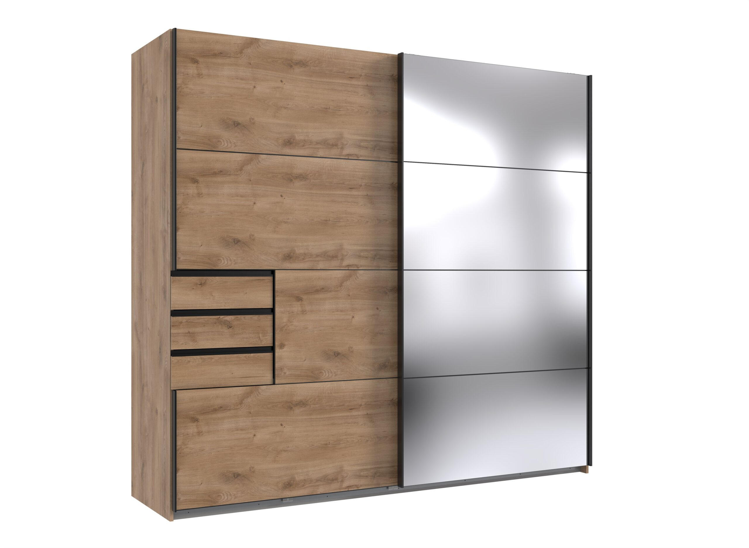 KLEIDERSCHRANK Saigon in Plankeneiche und schwarzen Griffen mit einer Spiegel Türfront – Schwebetürenschrank 2 türig - 225 cm Breite - Braun, Holzwerkstoff (80/200/120cm)