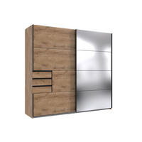 KLEIDERSCHRANK Saigon in Plankeneiche und schwarzen Griffen mit einer Spiegel Türfront – Schwebetürenschrank 2 türig - 225 cm Breite - Braun, Holzwerkstoff (80/200/120cm)
