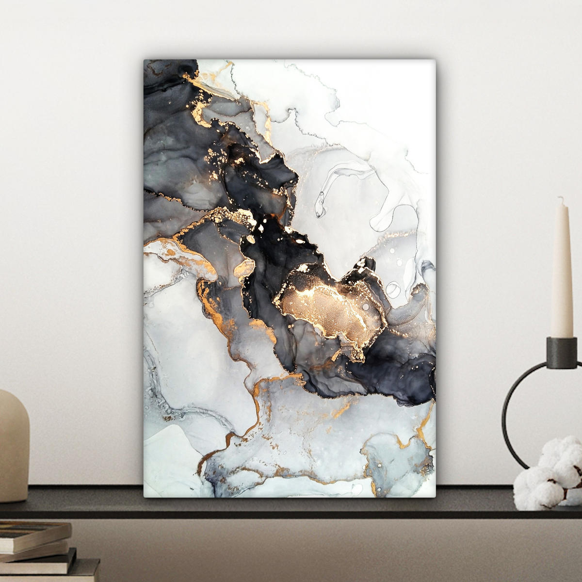 LEINWANDBILD Marmor - Schwarz - Weiß - Gold - Luxus - Abstrakt Deko Wohnzimmer 20x30 cm - Goldfarben, Textil (20/30cm) - MuchoWow