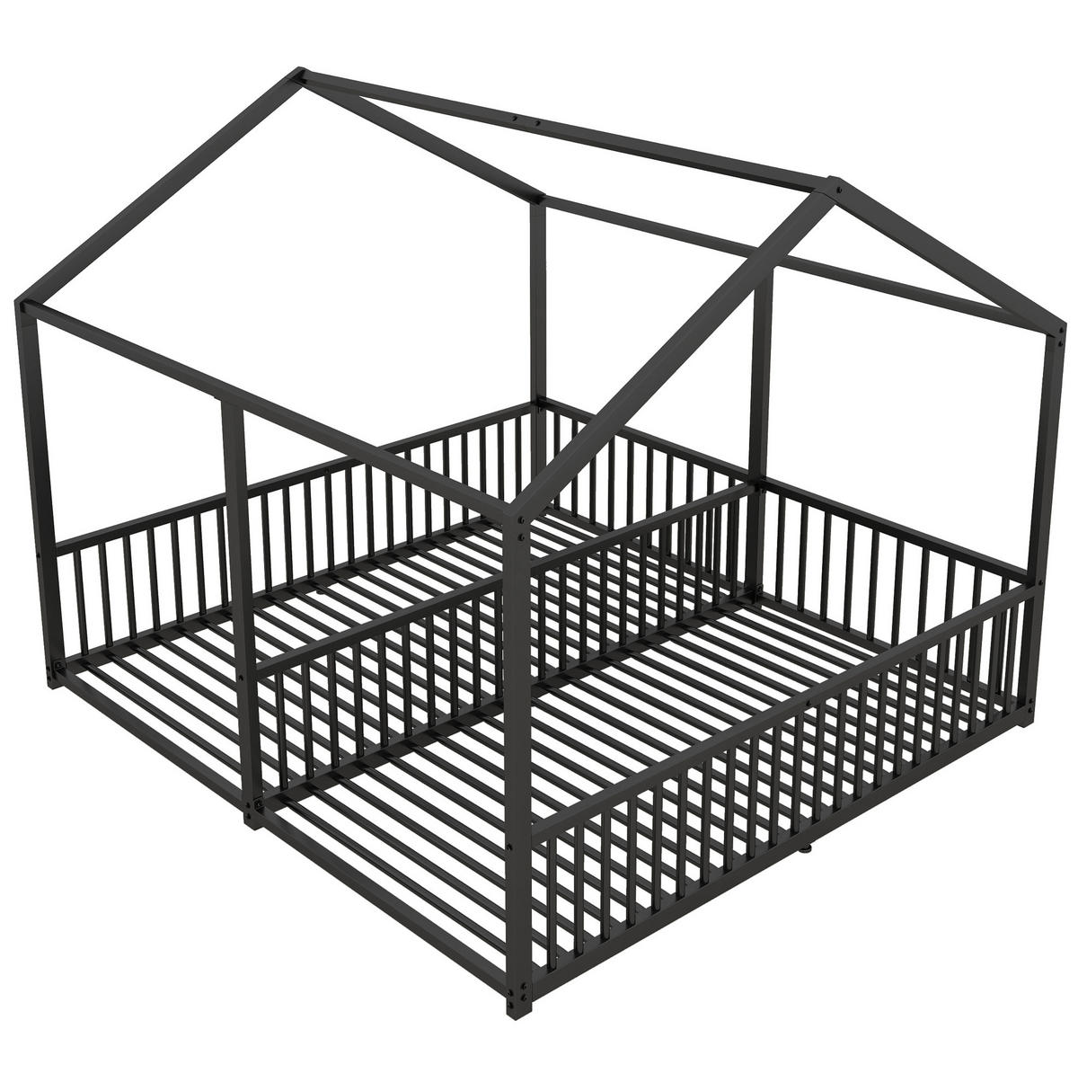 HAUSBETT 90/200 cm Schwarz aus Metall mit Hausform und Geländer - Schwarz, Metall (90/200cm) - OKMYHOME