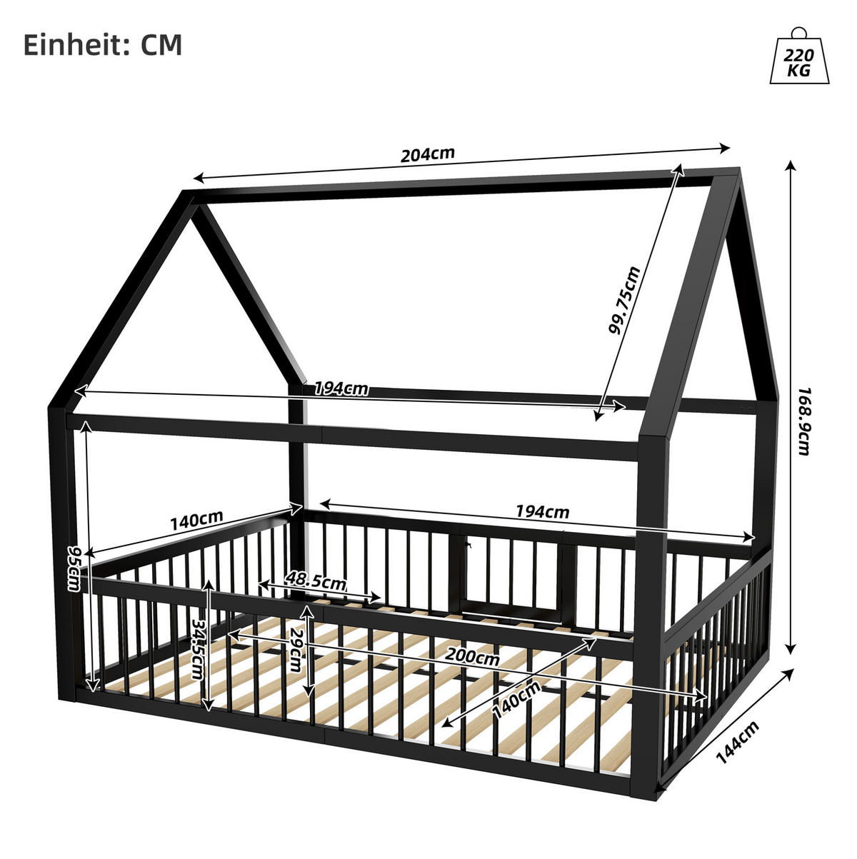 HAUSBETT 140/200 cm Schwarz aus Metall mit Dachdesign - Schwarz, Metall (140/200cm) - OKMYHOME