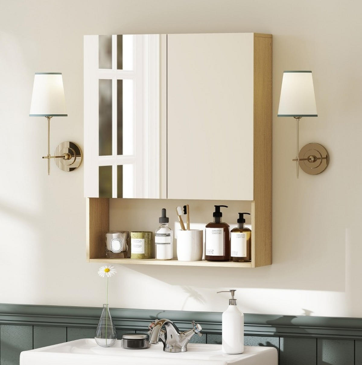 BADEZIMMER Hängeschrank 60x16.6x75 cm Eiche mit Doppelspiegel & verstellbarem Regal - Eichefarben, Glas (60/75/16.6cm) - Modfu