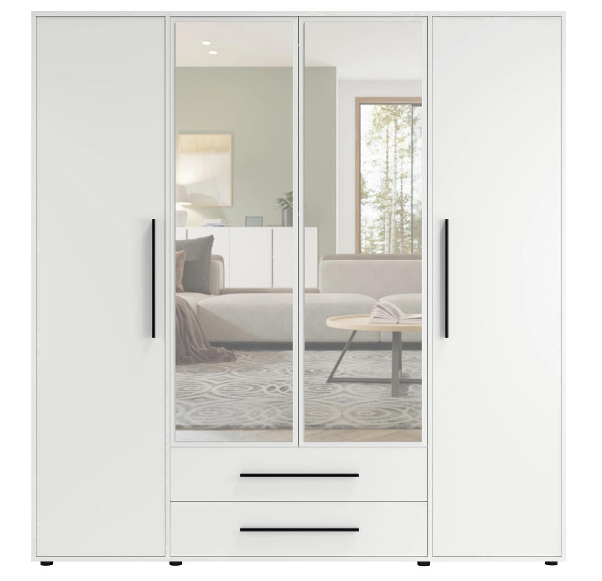 KLEIDERSCHRANK Modena in weißer Farbe, mit Spiegel, mit Tür, mit Türen und Schubladen - Schwarz/Weiß, Holzwerkstoff/Kunststoff (200/206/59cm) - Ravio