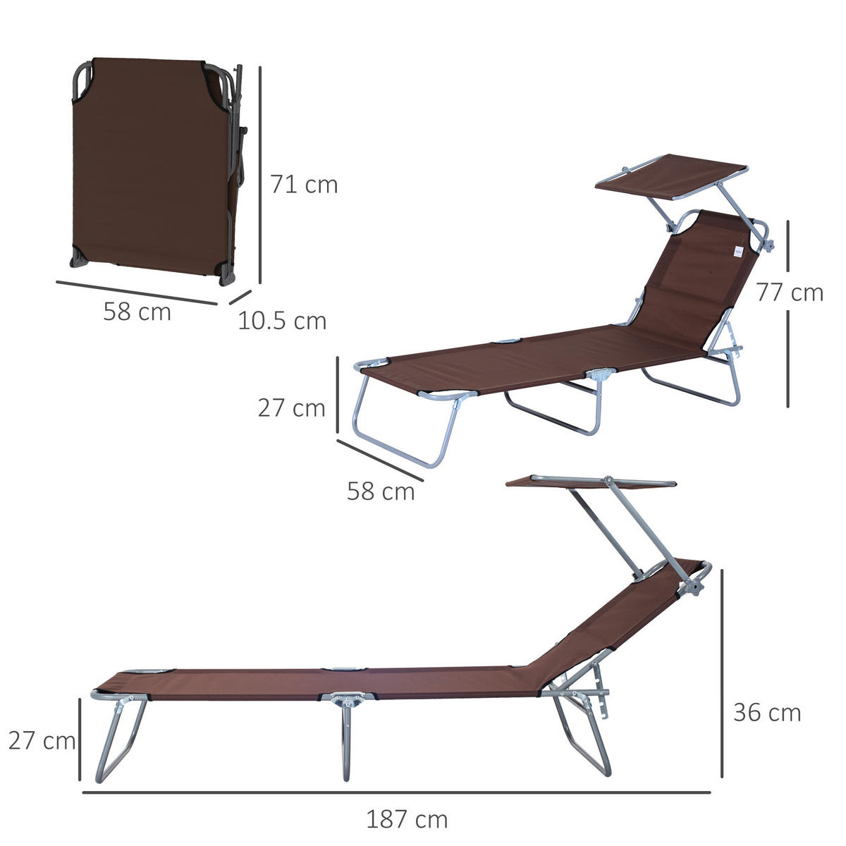 ZAHRADNÍ lehátko 187/58/36 cm hnědé z kovu skládací se sluneční stříškou - hnědá, kov (58/36/187cm) - OKWISH