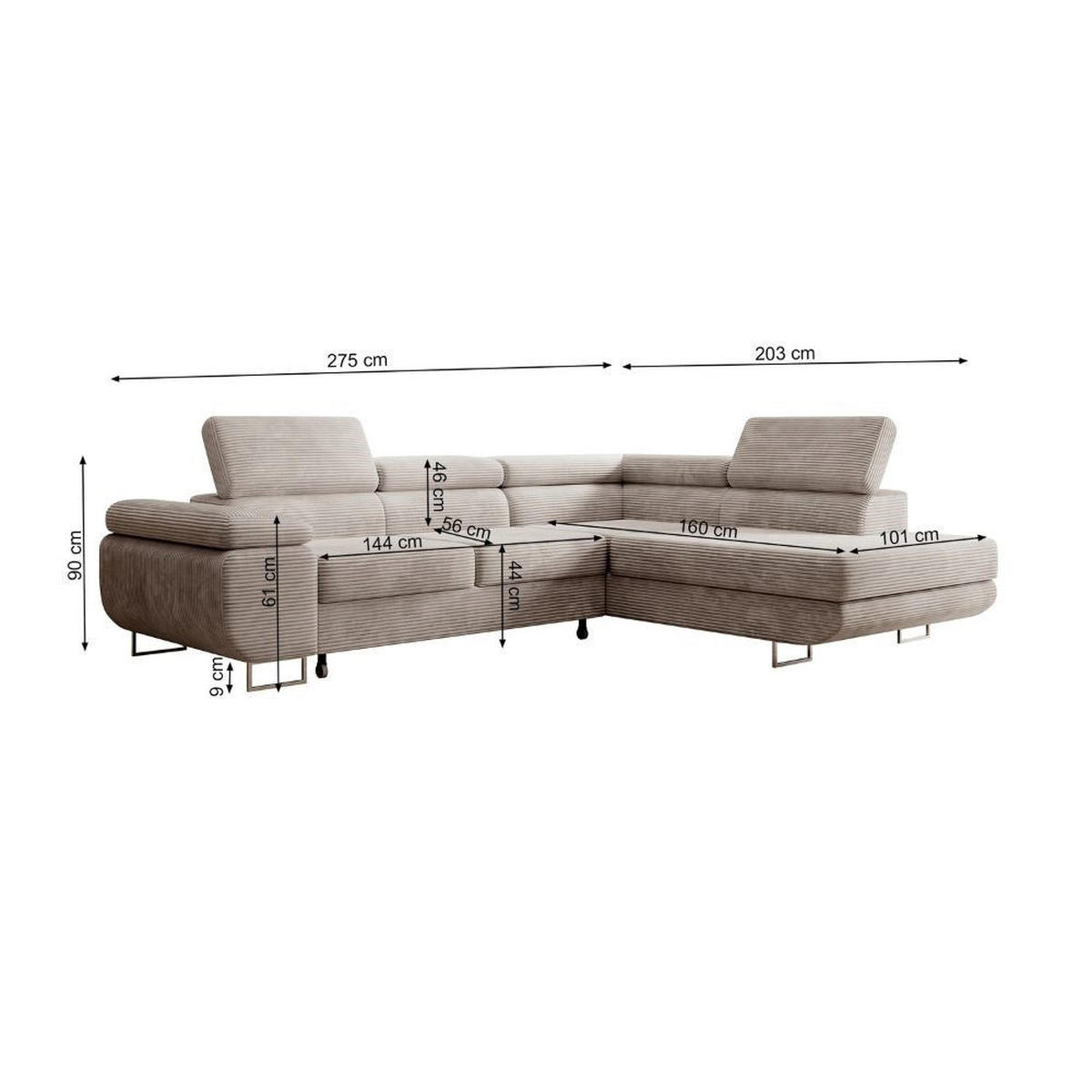 ECKSOFA Stevil Hellgrau Cordbezug - Silberfarben/Hellgrau, Textil/Metall (275/203cm) - Selsey