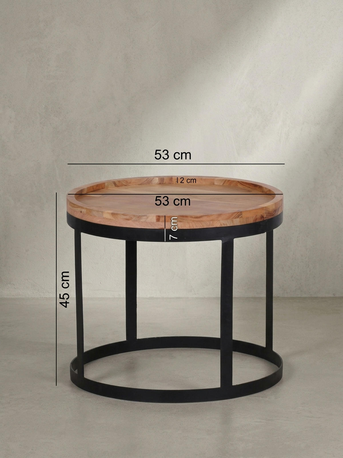 BEISTELLTISCH 2er Set Massivholz Metallgestell Rund Natur INDI, Beige 53x53x45 cm - Beige/Schwarz, Holz/Metall (53/53/45cm) - KADIMA DESIGN