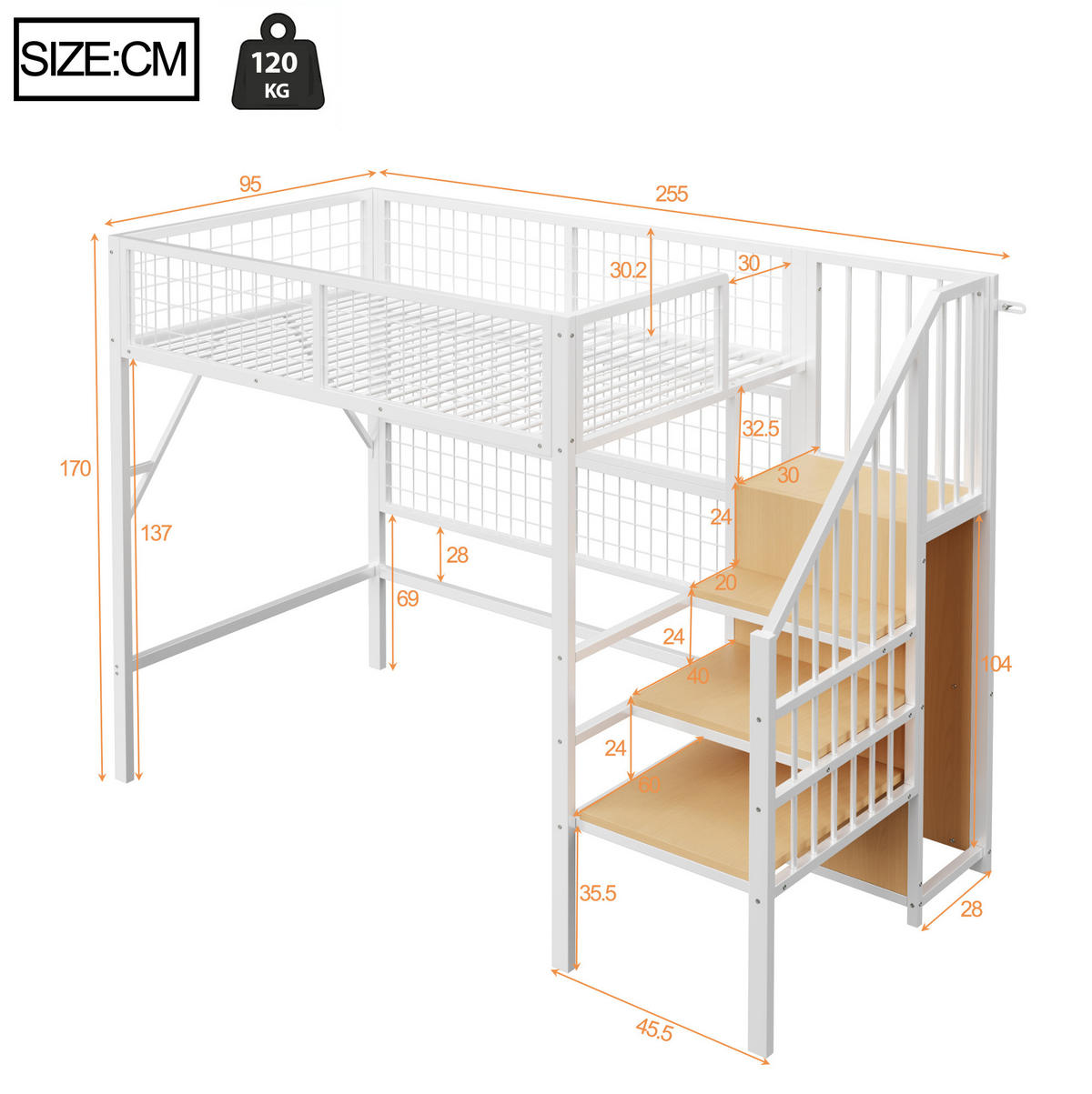 HOCHBETT 90/200 cm Weiß aus Metall und MDF mit Stauraumtreppe - Weiß, Metall (90/200cm) - OKMYHOME