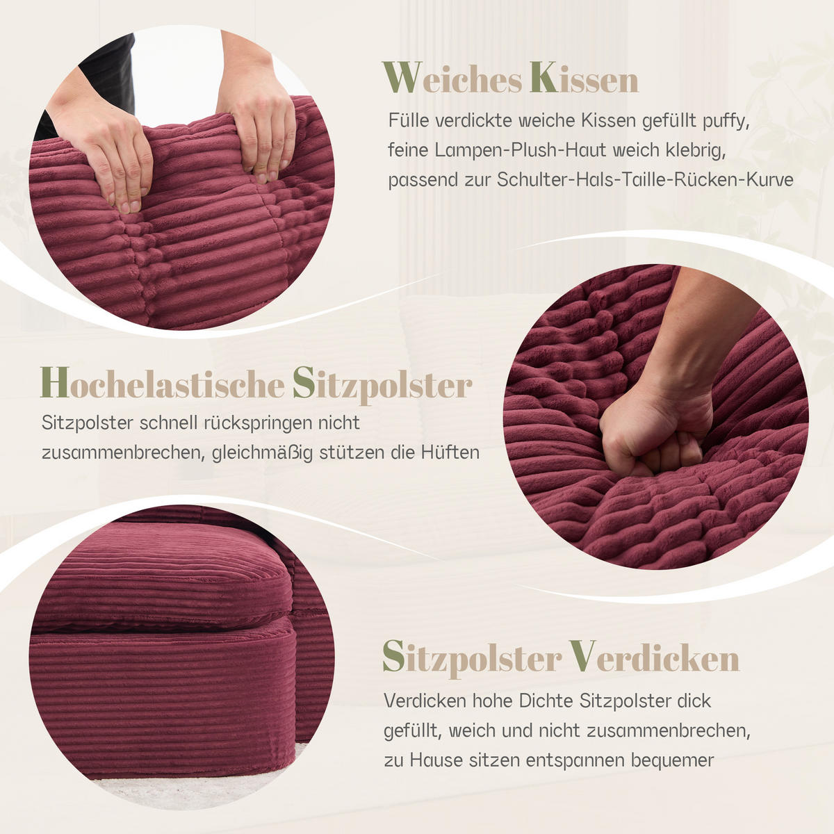 SOFA mit Liegefunktion und Getränkehaltern aus Cord in Weinrot - Weinrot, Textil (165/61/97cm) - EVRYAE