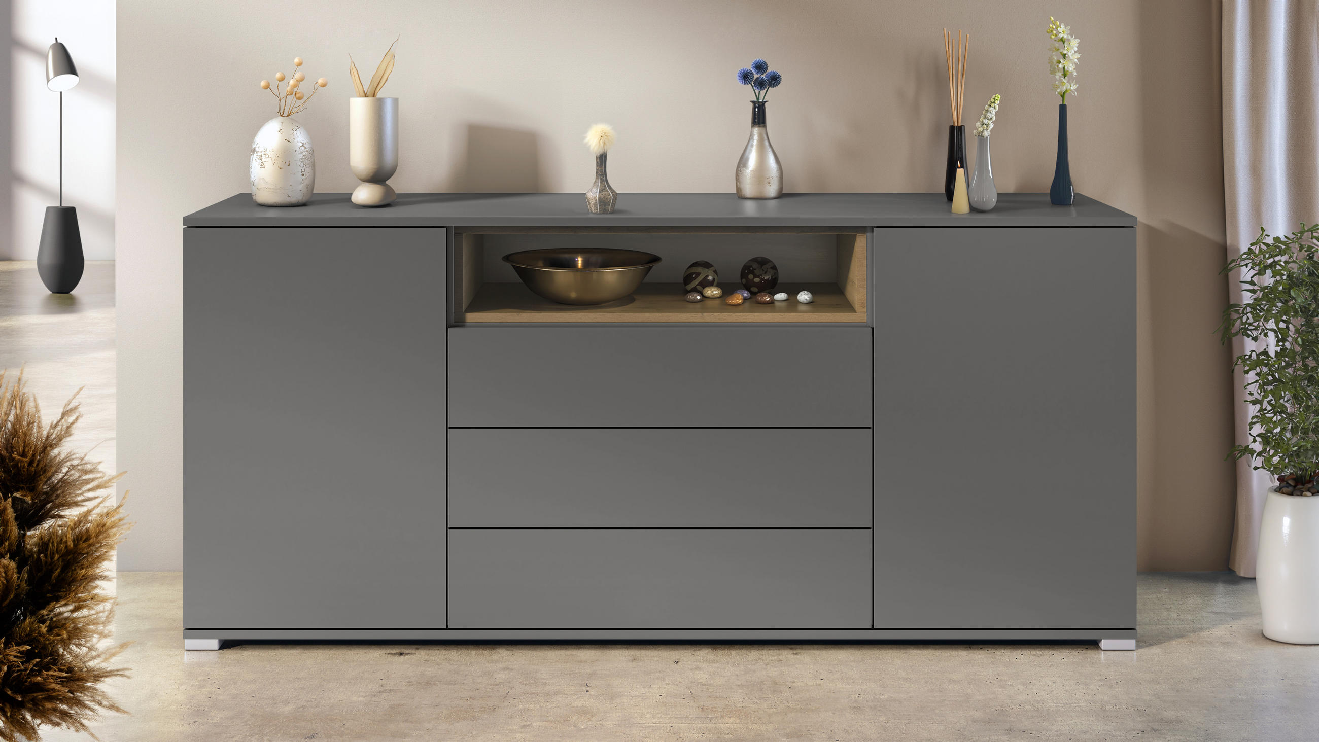 SIDEBOARD Skadu Eiche Evoke - Graphitfarben, Holzwerkstoff (166.5/75.5/35cm) - Vladon