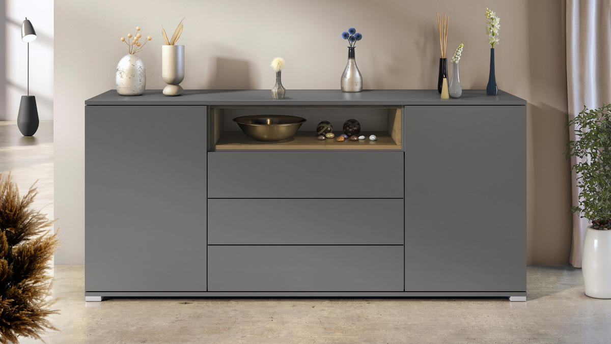 SIDEBOARD Skadu Eiche Evoke - Graphitfarben, Holzwerkstoff (166.5/75.5/35cm) - Vladon