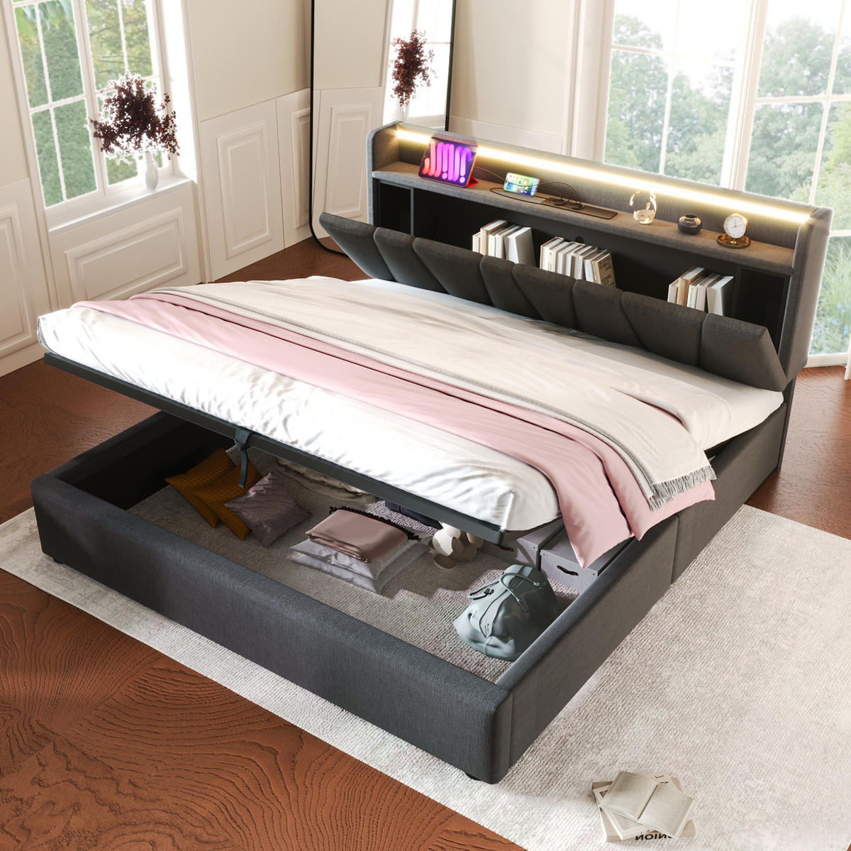 POLSTERBETT aus Leinen 160x200 cm in Grau mit LED & USB/Type-C - Grau, Textil (160/200cm) - Modfu