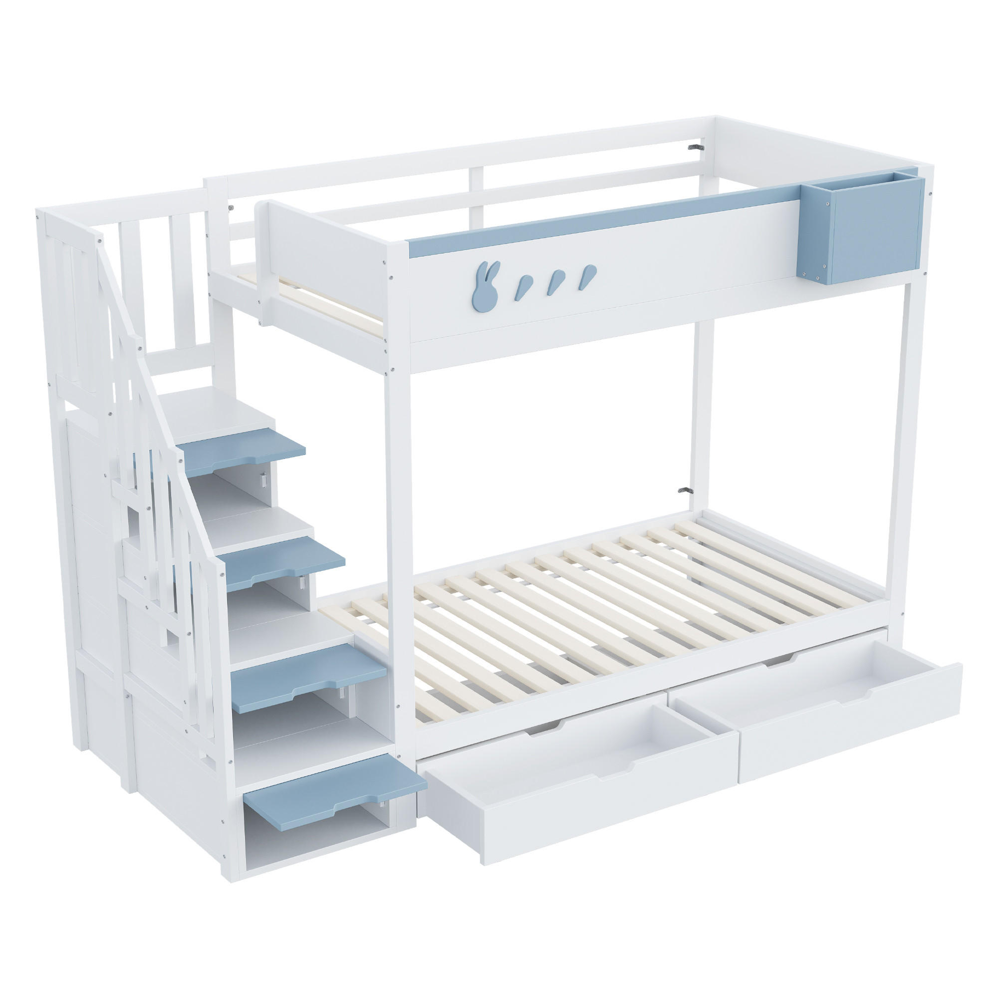 ETAGENBETT Kinderbett Weiß + Blau - Blau, Holz (90/200cm) - ComfortXL