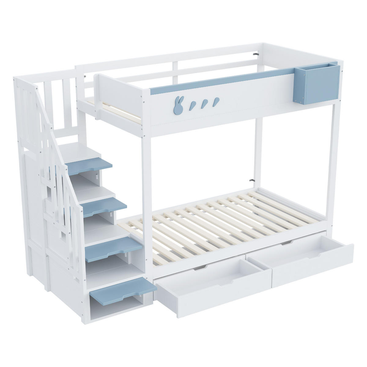 ETAGENBETT 90/200 cm Weiß+Blau mit Kaninchenmotiven und abnehmbaren Ablagefach - Weiß, Holz (90/200cm) - OKWISH
