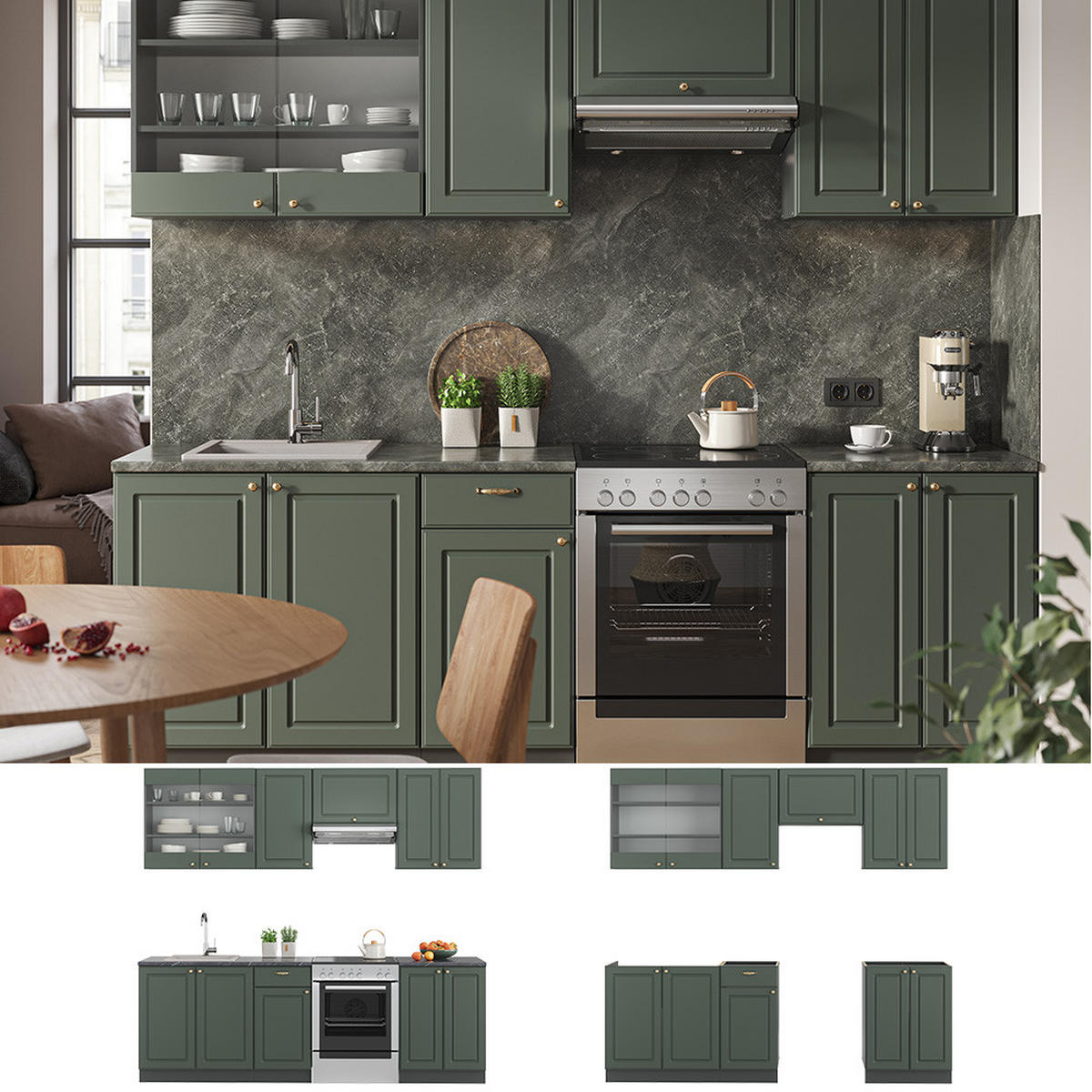 KÜCHENZEILE Fame-Line Grün-Gold Landhaus/Anthrazit 240 cm ohne AP - Anthrazit/Grün, Holzwerkstoff (240/81.6/46cm) - Vicco