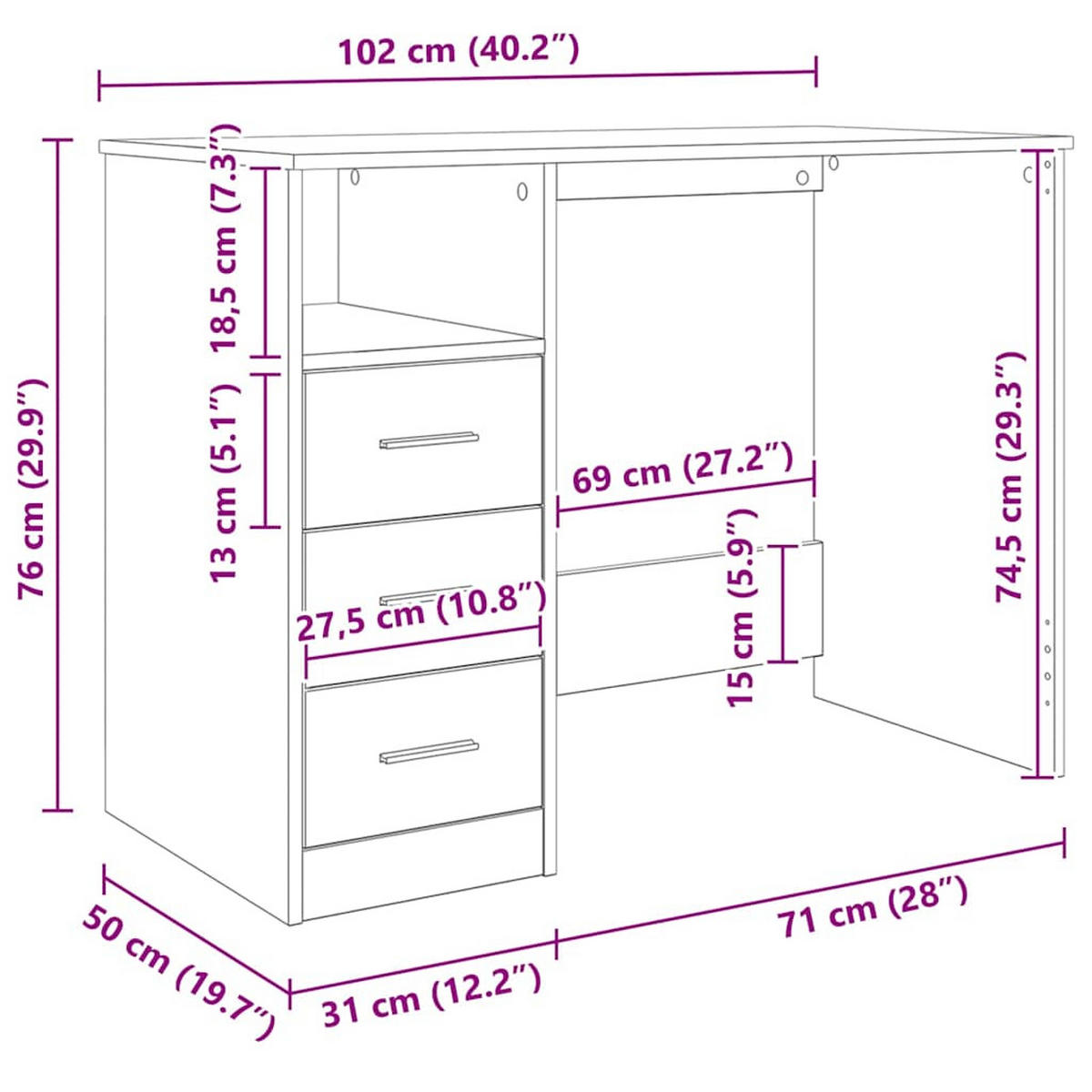 SCHREIBTISCH Mit Schubladen Weiss 102/50/76 Cm Holzwerkstoff - Weiß, Holzwerkstoff (102/50/76cm) - vidaXL