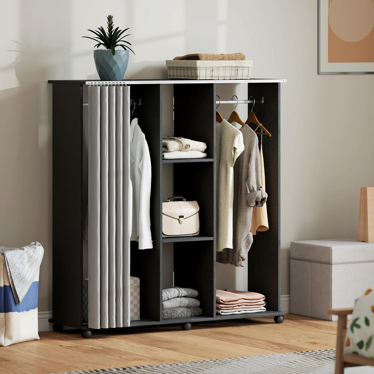 KLEIDERSCHRANK DE-17206 Schwarz - Schwarz, Holzwerkstoff (40/128/120cm) - ComfortXL
