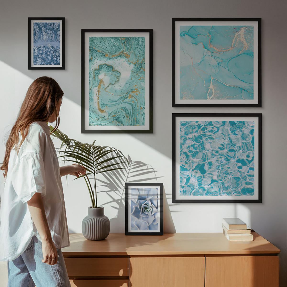 WANDBILDER 5er-Set - 50x50 cm & 20x30 cm & 40x60 cm Schwarzer Rahmen - Pflanzenmuster große minimalistische Sonnen - Schwarz, Kunststoff (40/60cm) - ArtPrintCave