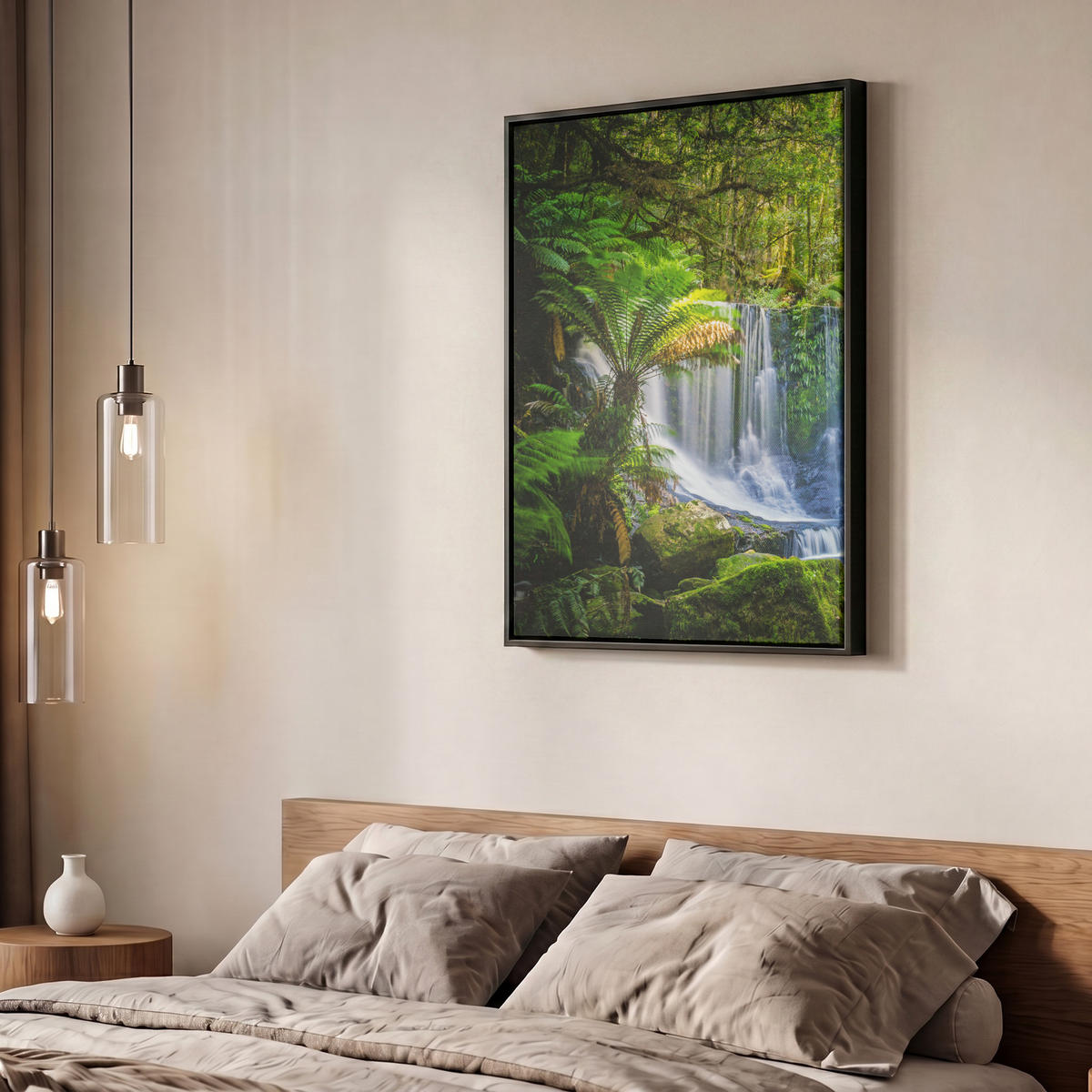 LEINWAND Bilder mit Rahmen - Dschungel - Wasserfall - Australien - Pflanzen - Natur - 60x80 - Dunkelgrün, Textil (60/80cm) - MuchoWow