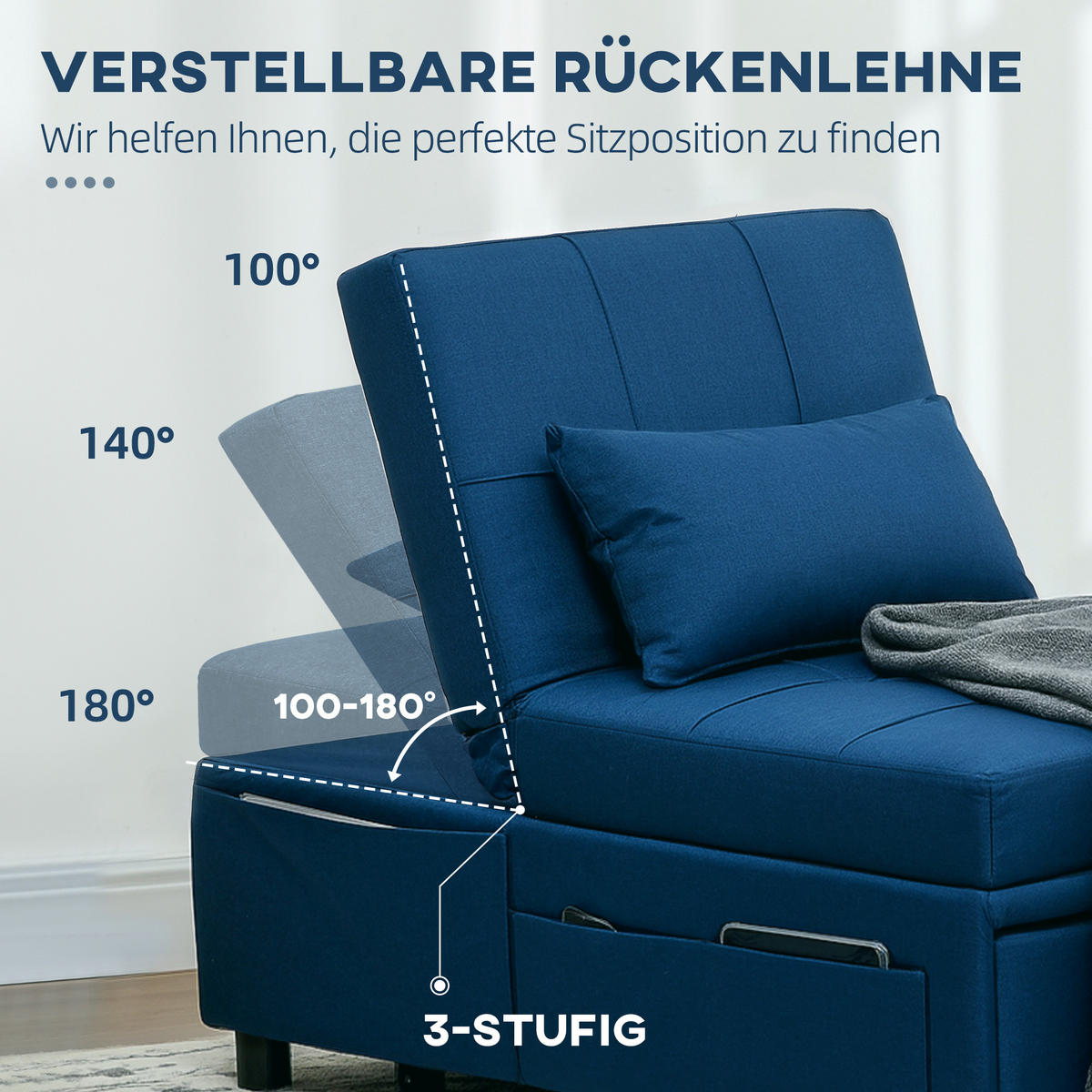 SCHLAFSESSEL 3-in-1, mit Bettfunktion, Blau - Blau, Textil (65.5/81/104cm) - HOMCOM