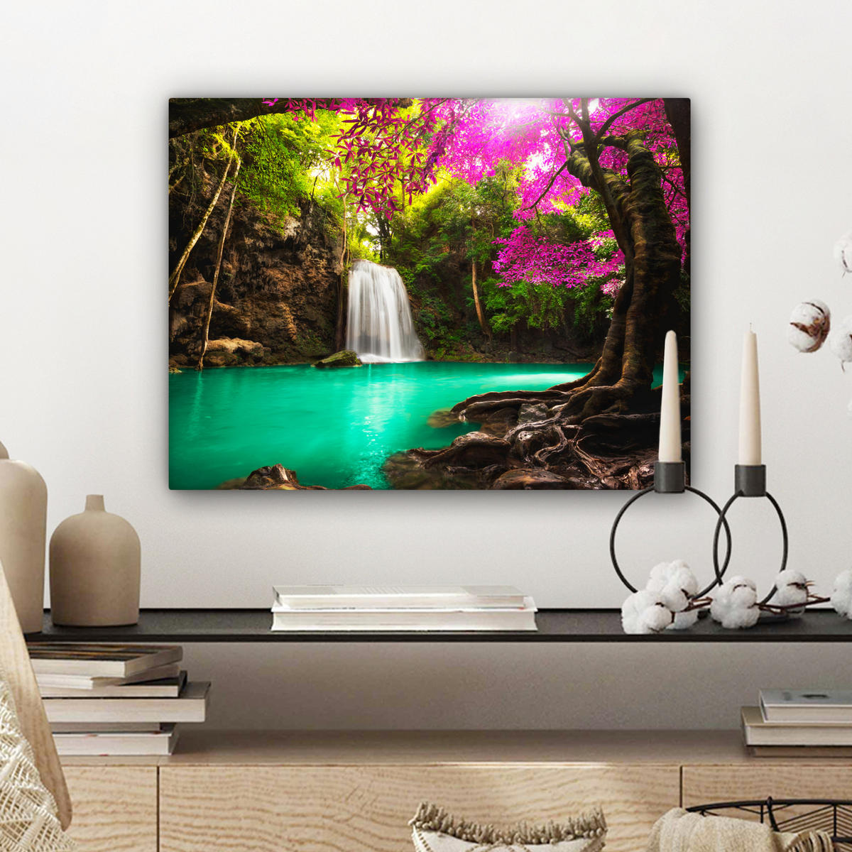 LEINWANDBILD Wasserfall mit bunten Blumen und Bäumen - Natur - Dschungel Wandbild 40x30 cm - Waldgrün, Textil (40/30cm) - MuchoWow
