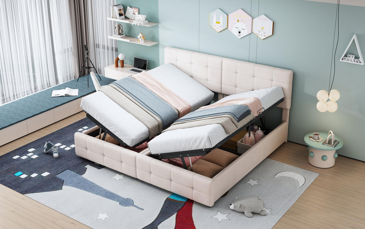 POLSTERBETT 180/200 cm Beige aus Samt mit hydraulischem Stauraum - Beige, Textil (180/200cm) - OKMYHOME