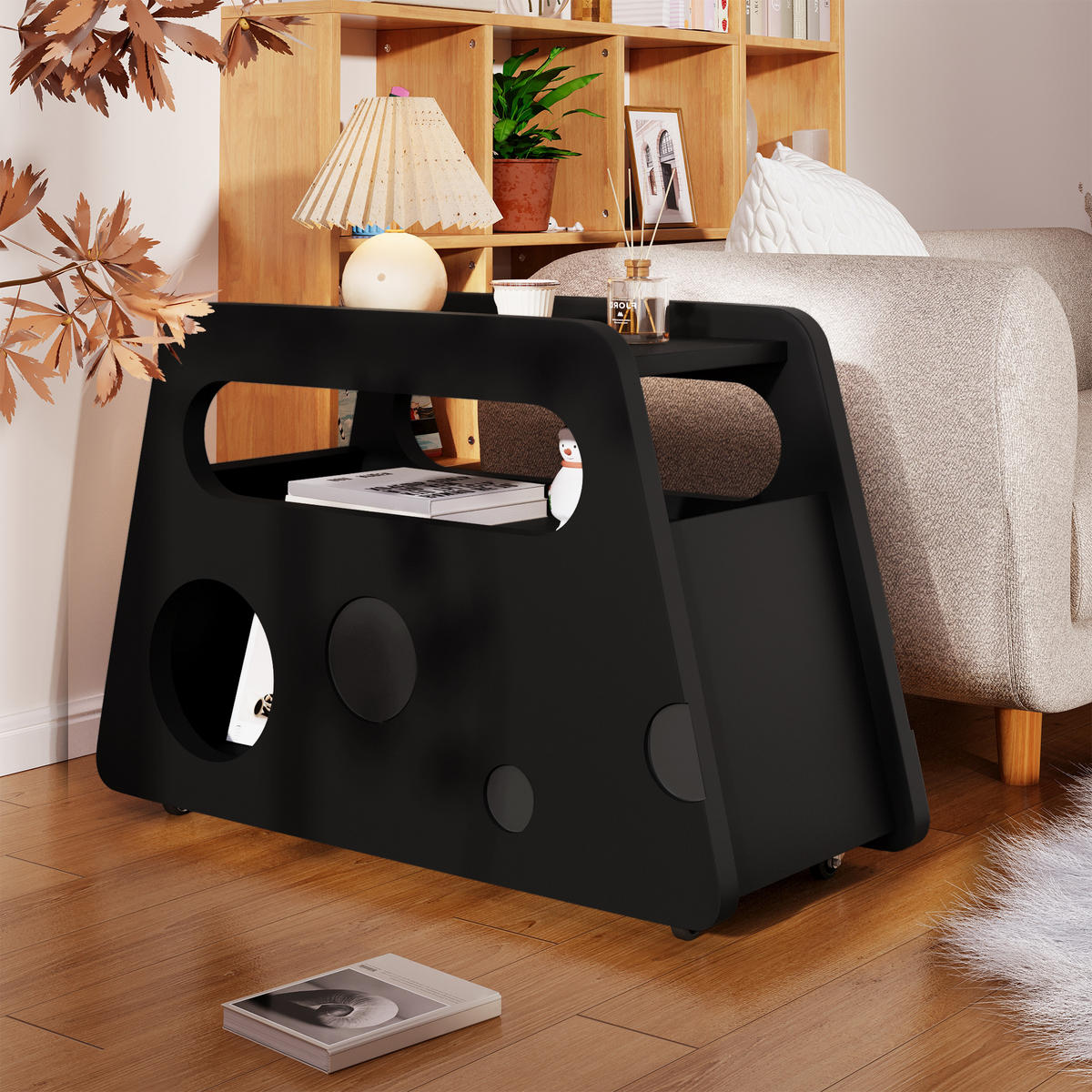 SIDEBOARD 81x33x51.5 Schwarz Beistelltisch Rollen Mobil - Schwarz, Holzwerkstoff (81/38/51.5cm) - FLIEKS