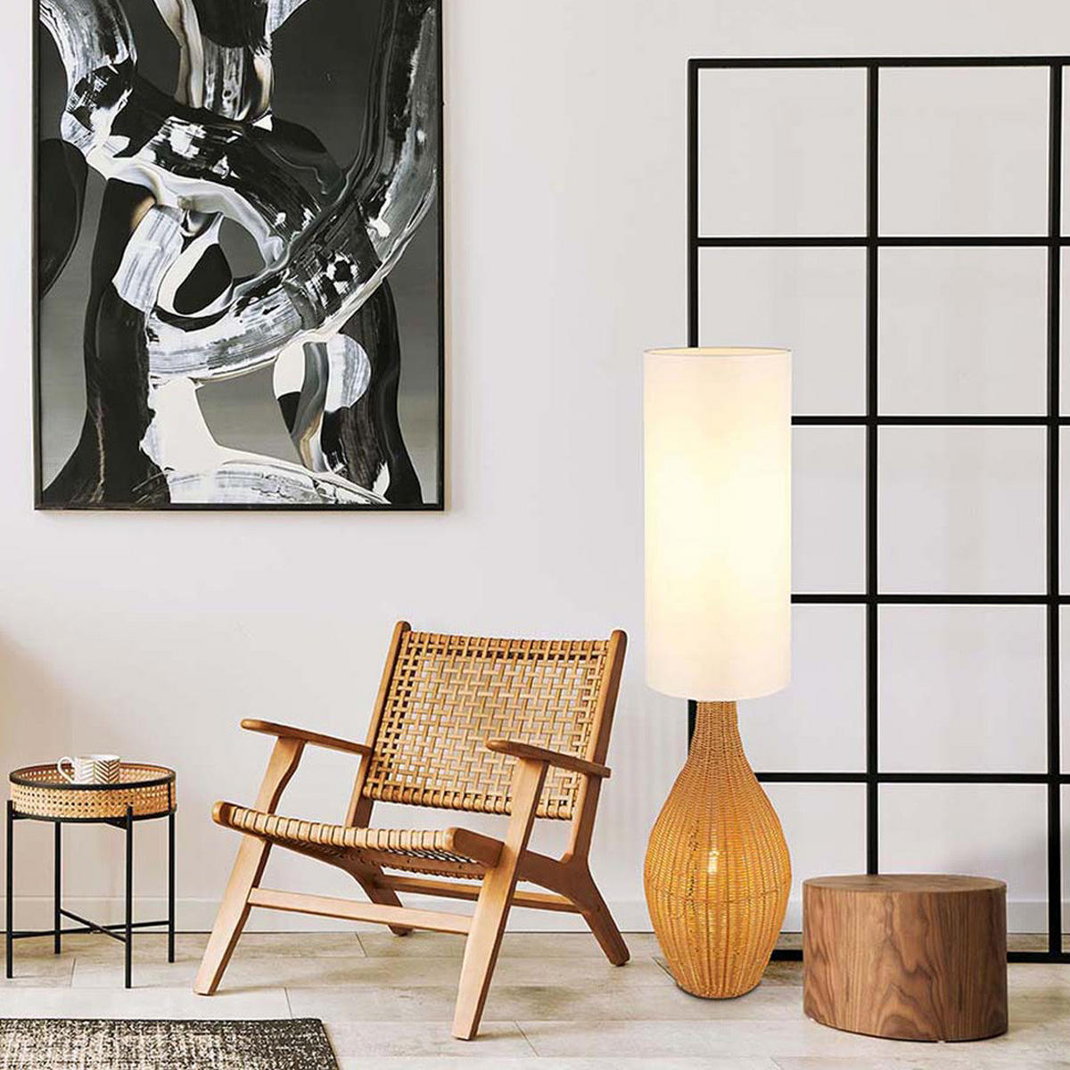LED STEHLEUCHTE ANKO Rattan Optik Braun Weiß - Braun, Metall (27/27/125cm) - Nowa