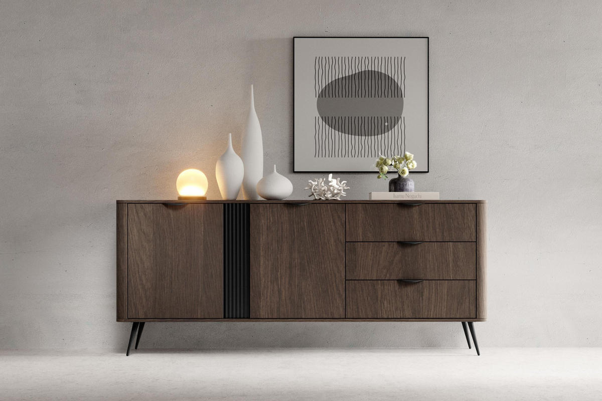 SIDEBOARD Arvis Eiche Dunin, Zweitürig mit Schubladen - Eichefarben/Schwarz, Holzwerkstoff (195/81/38cm) - Bettso