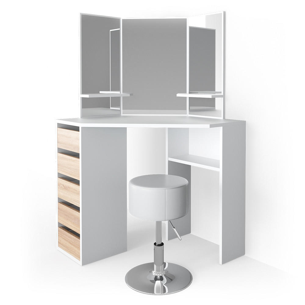 ECKSCHMINKTISCH Arielle Weiß/Sonoma 110 cm mit Hocker - Weiß/Sonoma Eiche, Holzwerkstoff (110/141.5/54cm) - Vicco