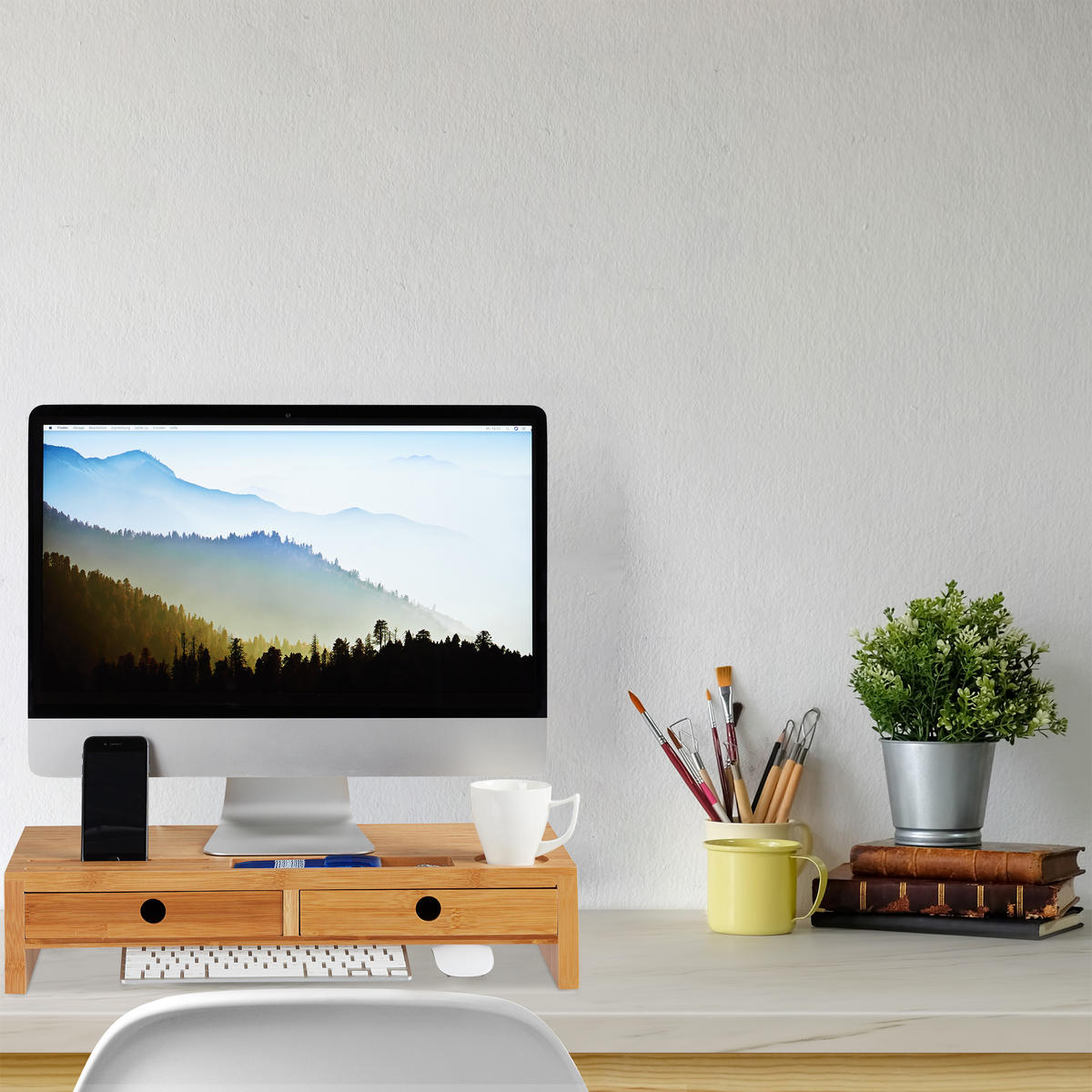 MONITORSTÄNDER Natur Bambus 2 Schubladen 12x56x27 cm - Hellbraun, Holz (27/56/12cm) - Relaxdays