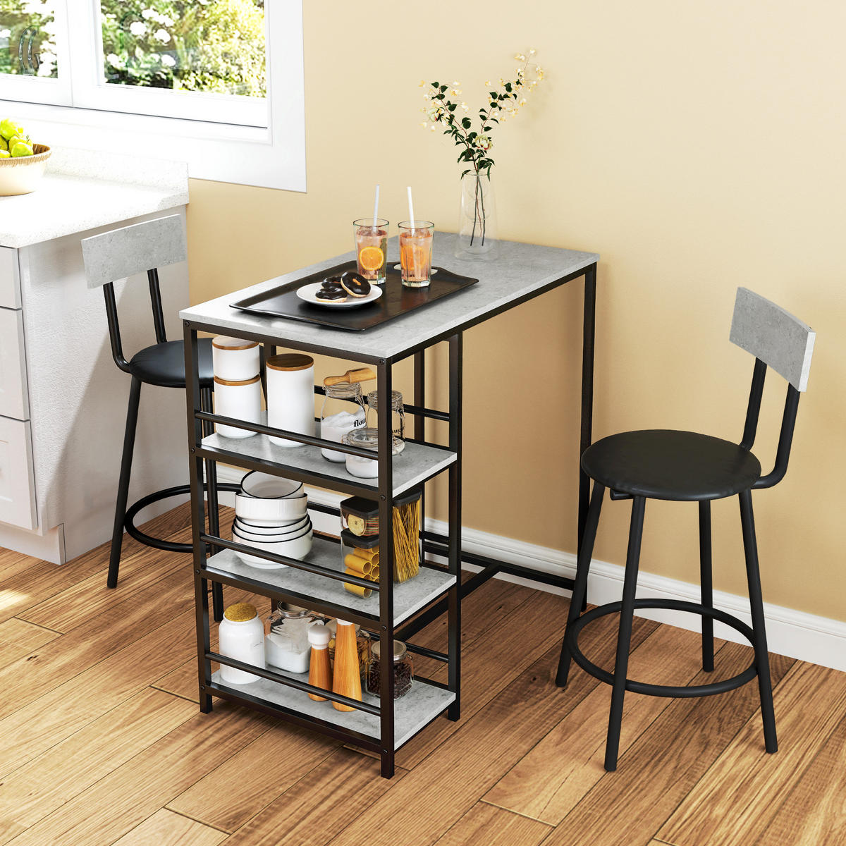 BARTISCH-SET DE-14753 mit 3 Ablagen & 2 Hockern Grau/Schwarz - Hellgrau, Holzwerkstoff (90/50/90.5cm) - ComfortXL