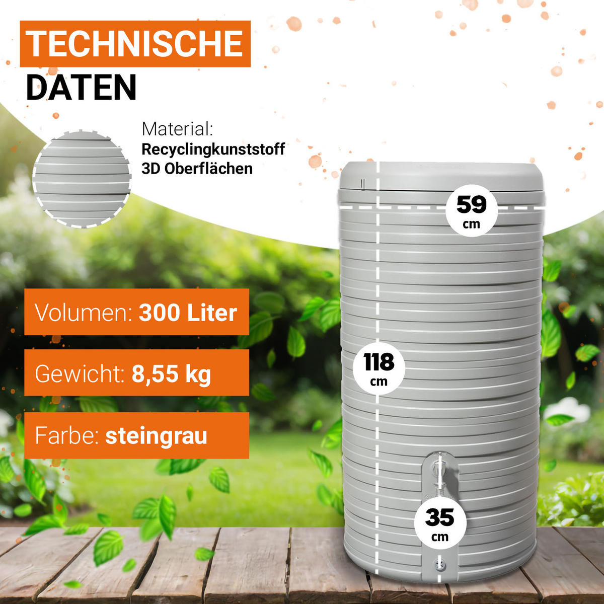2IN1 Regentonnen Komplett-Set 300 L steingrau - Grau, Kunststoff (59/118/59cm) - GARANTIA