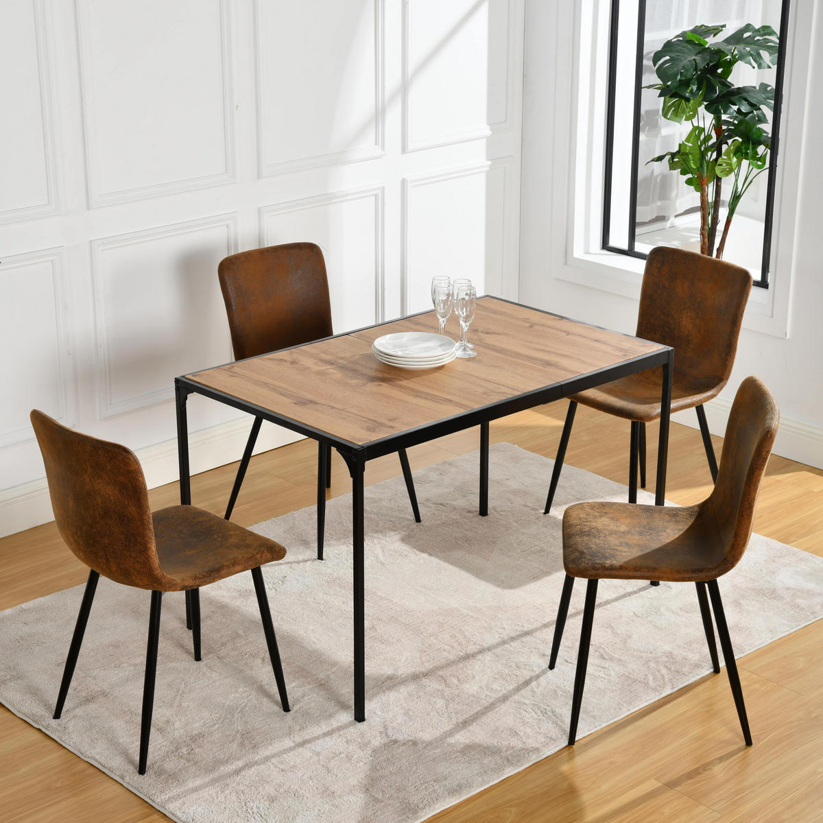 ESSZIMMER SET – 1 Tisch + 4 Stühle – Holzoptik & Wildleder - Braun, Holzwerkstoff/Metall (120/75/80cm) - Urban Meuble