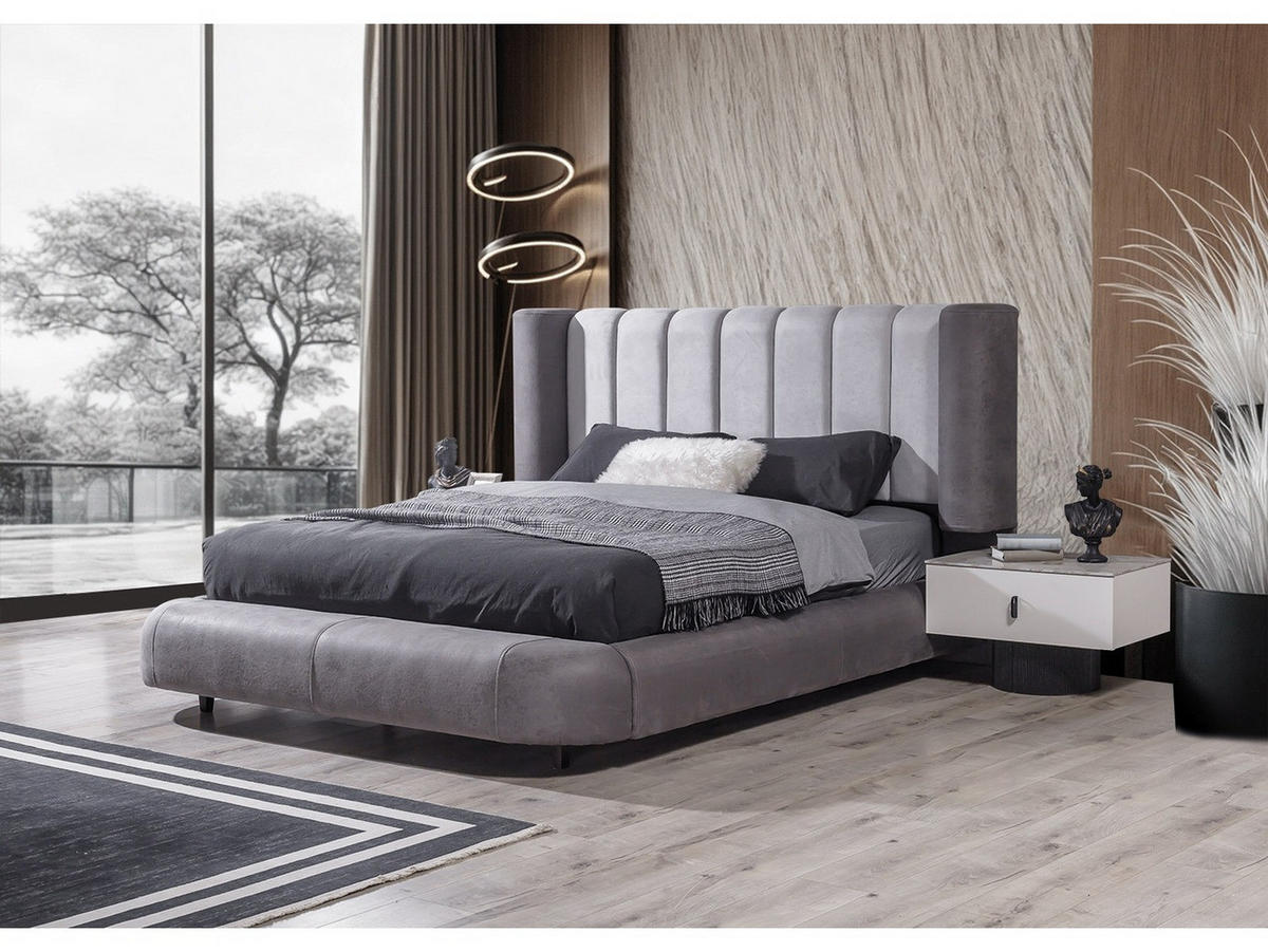 BETTANLAGE Barcelona Typ-1 Bett mit Kopfteil, 2 Nachttische, Kleiderschrank und Kommode - Anthrazit, Holzwerkstoff (160/200cm)