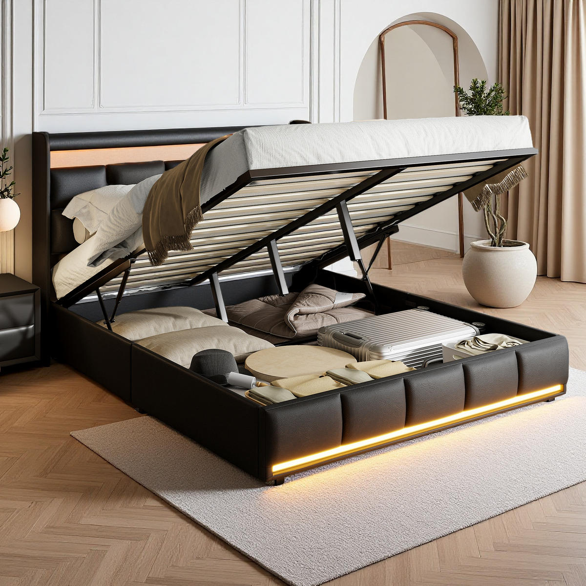 POLSTERBETT 160x200 cm Schwarz PU LED USB Bettkasten - Schwarz, Metall - SHOPENTRA