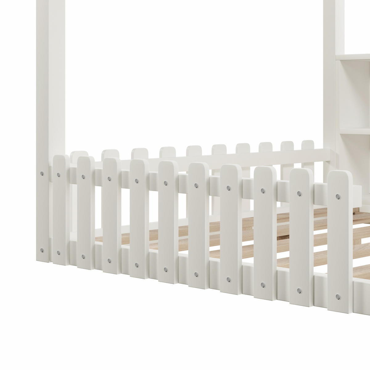 KINDERBETT 140/190 cm Weiß, mit Gitter, LED-Licht, offenen Staufächern und Hausdesign - Weiß, Holz