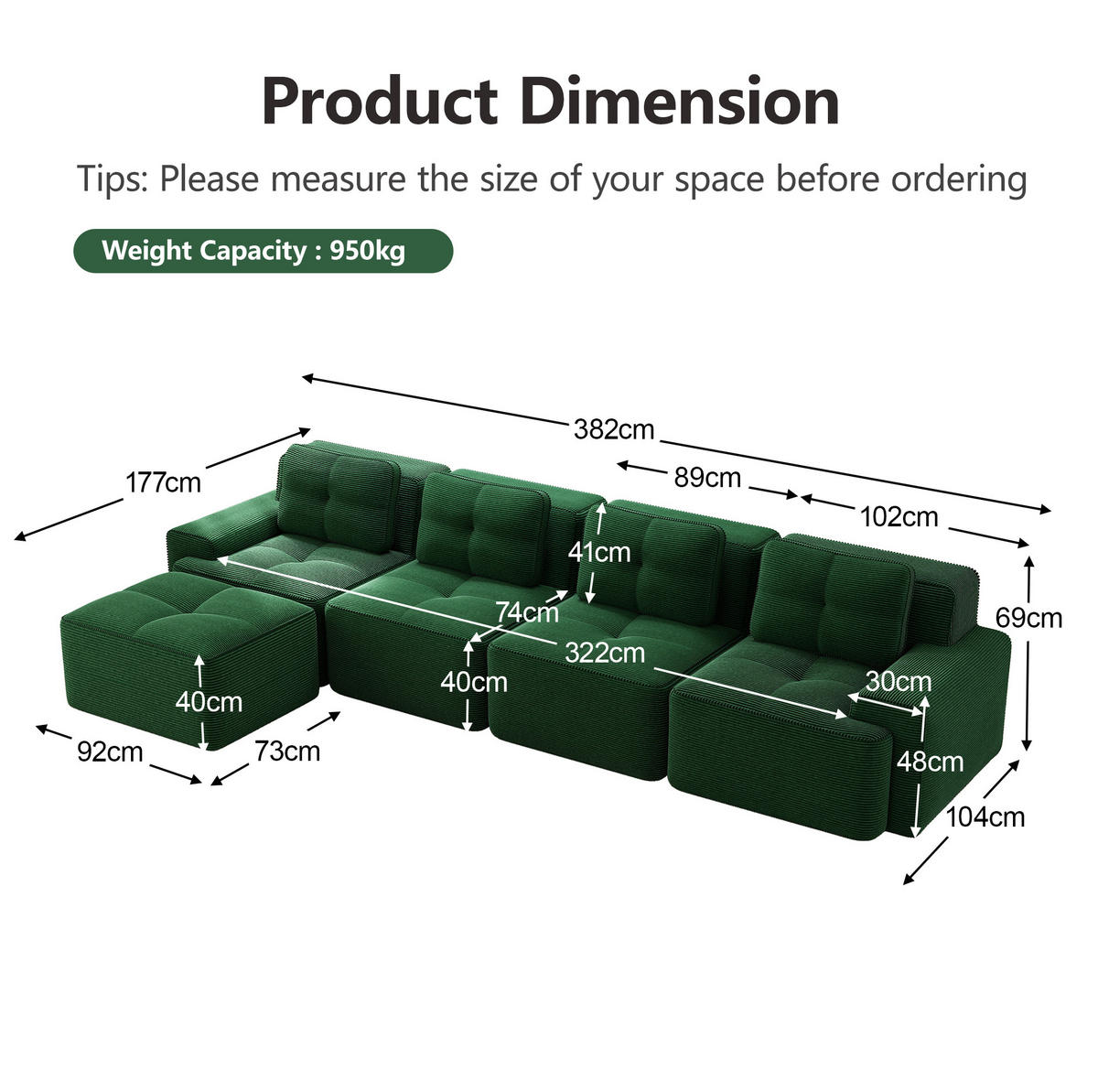 SOFA modular 4-Sitzer mit Chaiselongue Cord Grün - Grün, Kunststoff (177/382cm) - Meubliv
