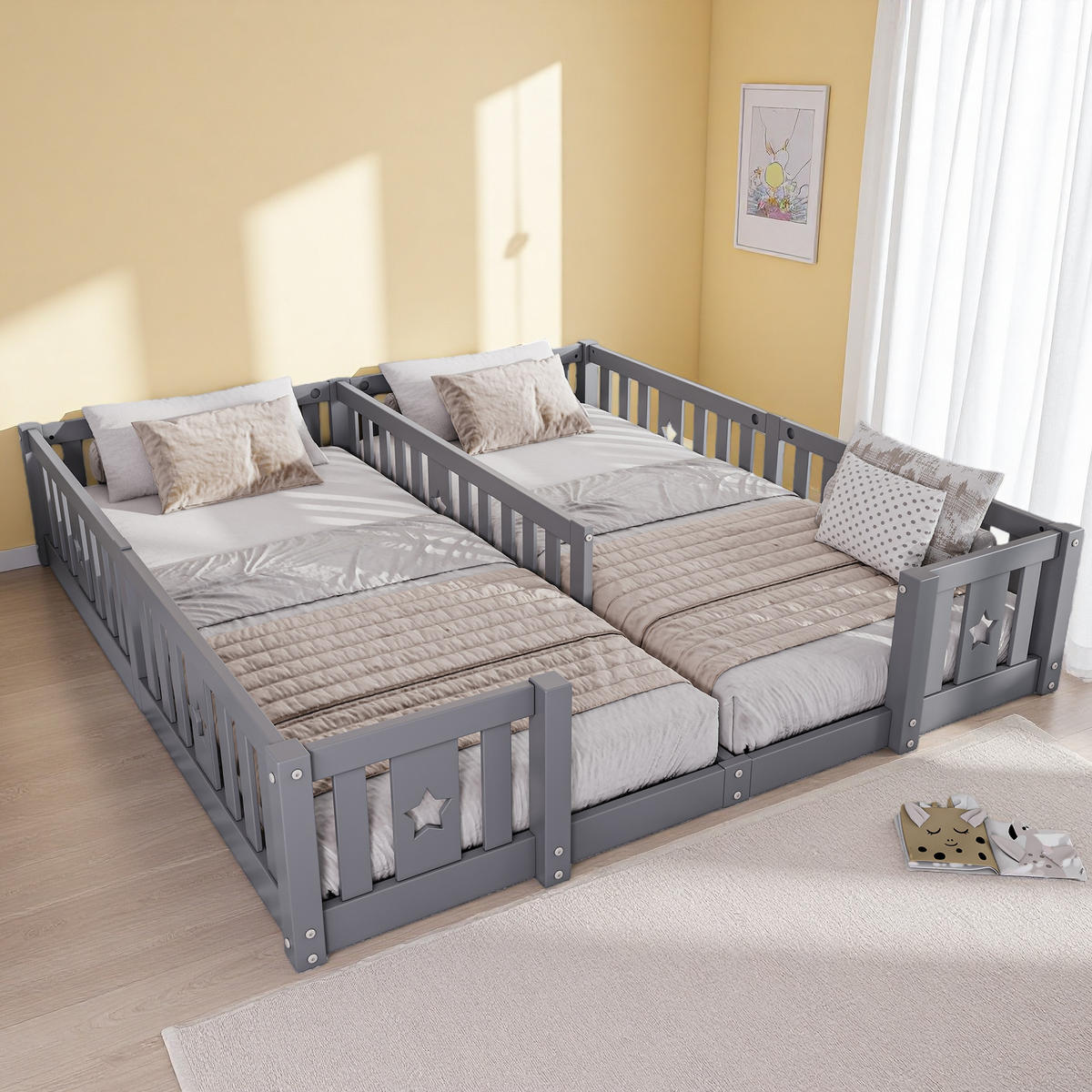 KINDERBETT 90x200 Grau Kiefernholz, Schutzzaun, Sternenloch - Grau, Holz - SHOPENTRA