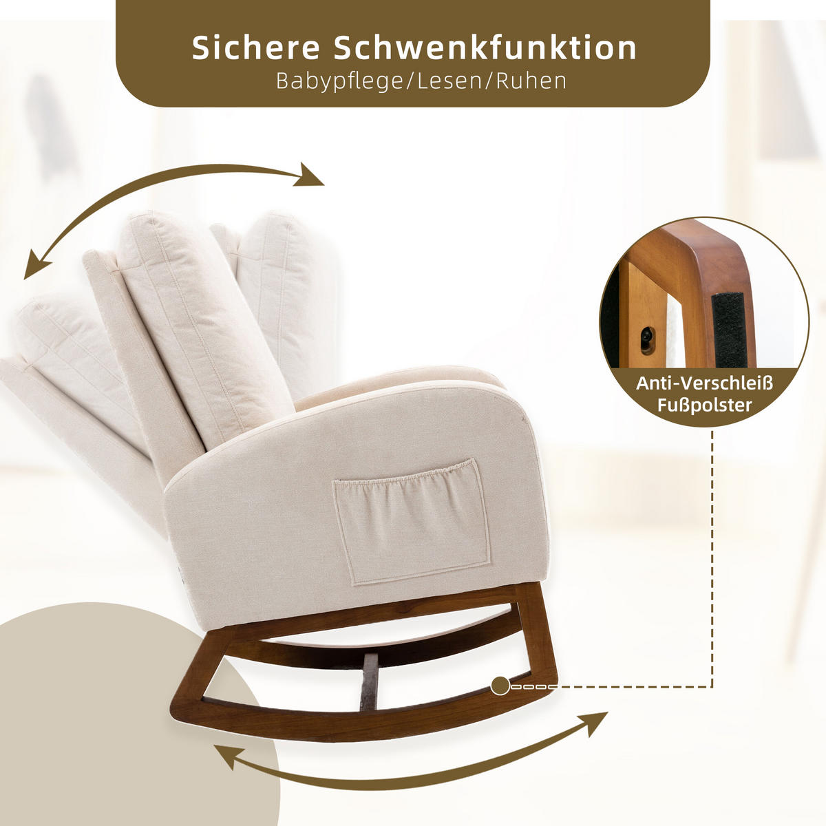 SCHAUKELSTUHL Leinen mit hoher Rückenlehne, Seitentasche 69/94/101 cm Beige bis 150 kg - Beige, Textil (94/101/69cm) - Redom